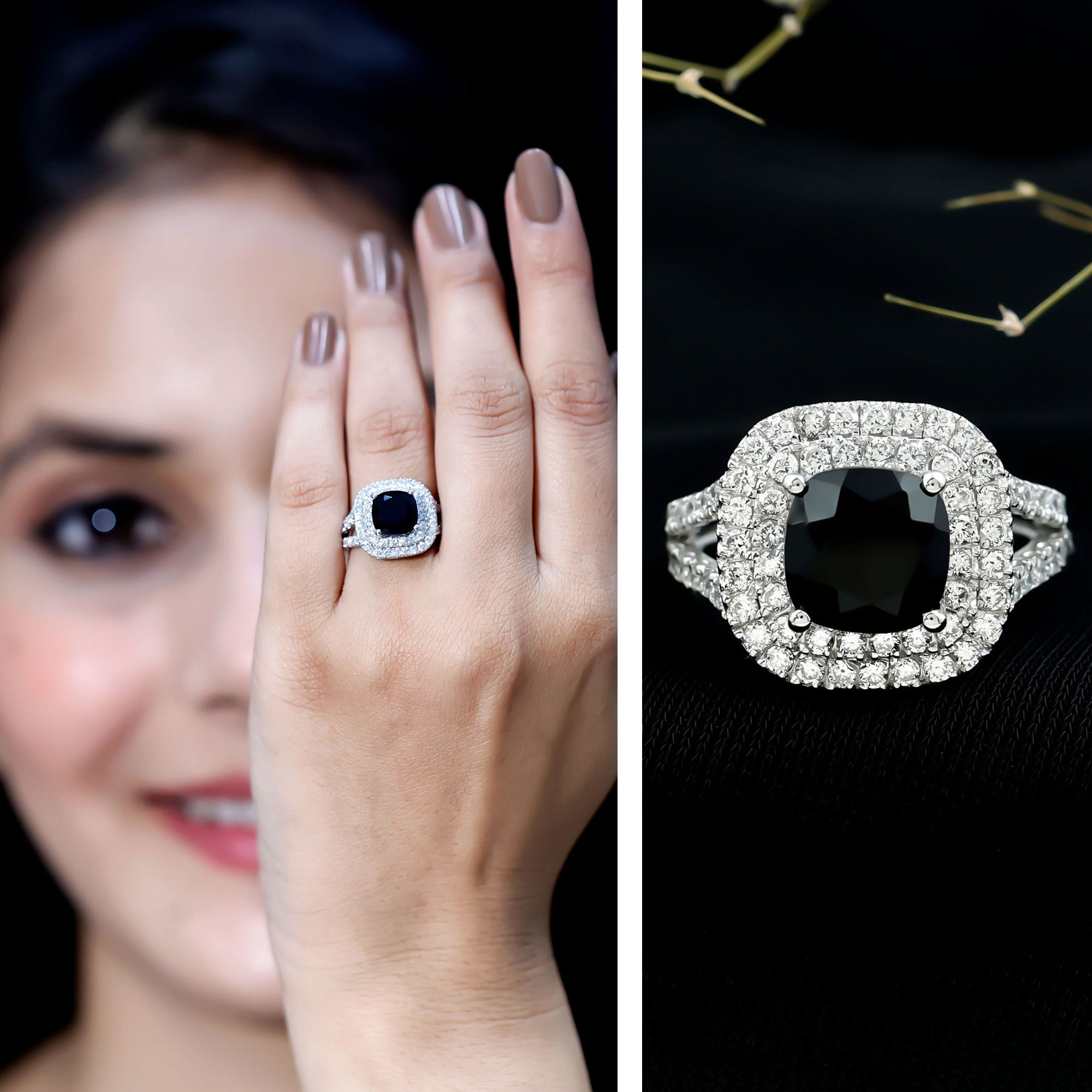 Vintage Style Cushion Cut Black Onyx and Diamond Double Halo Engagement Ring AAA - Rosec Jewels