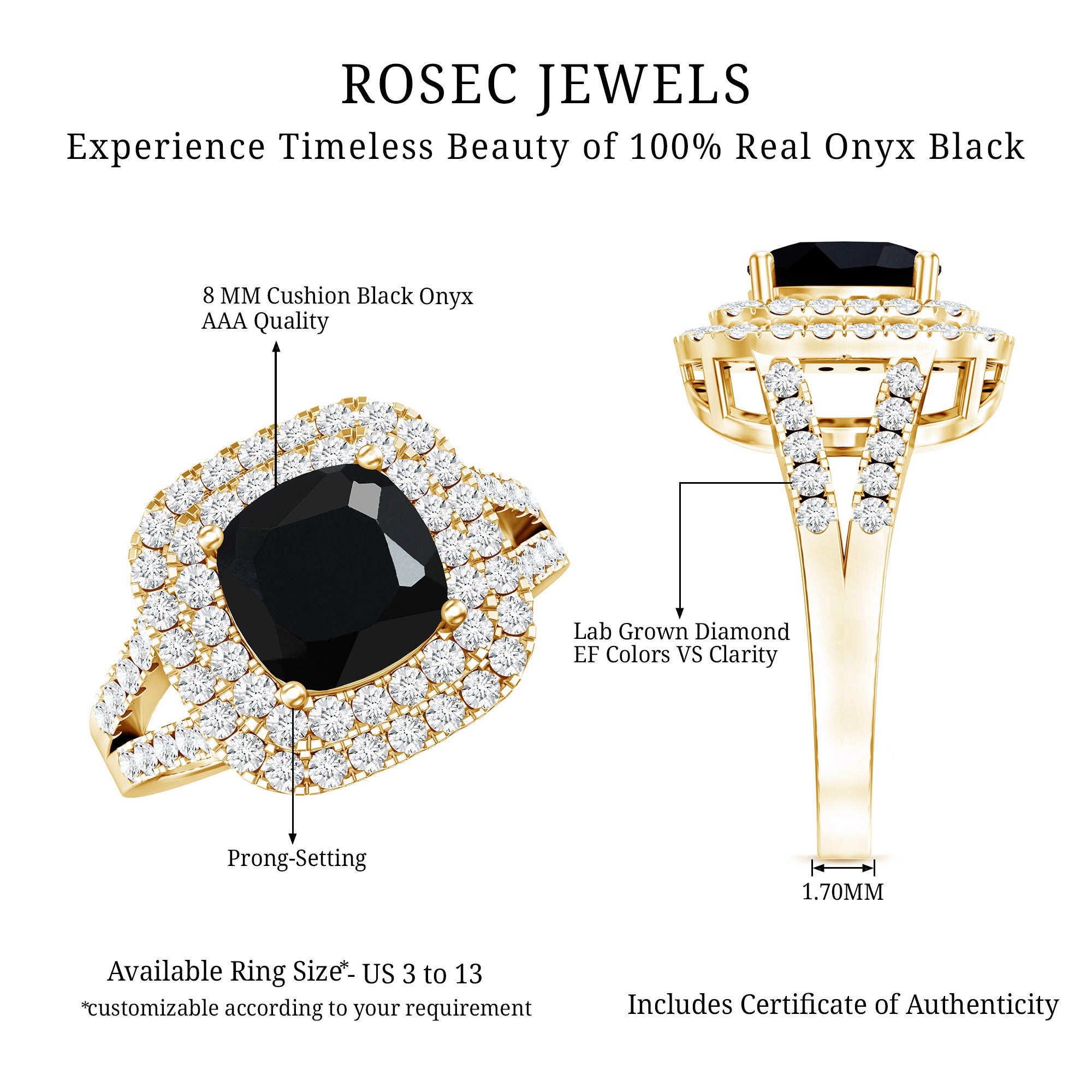 Vintage Style Cushion Cut Black Onyx and Diamond Double Halo Engagement Ring AAA - Rosec Jewels