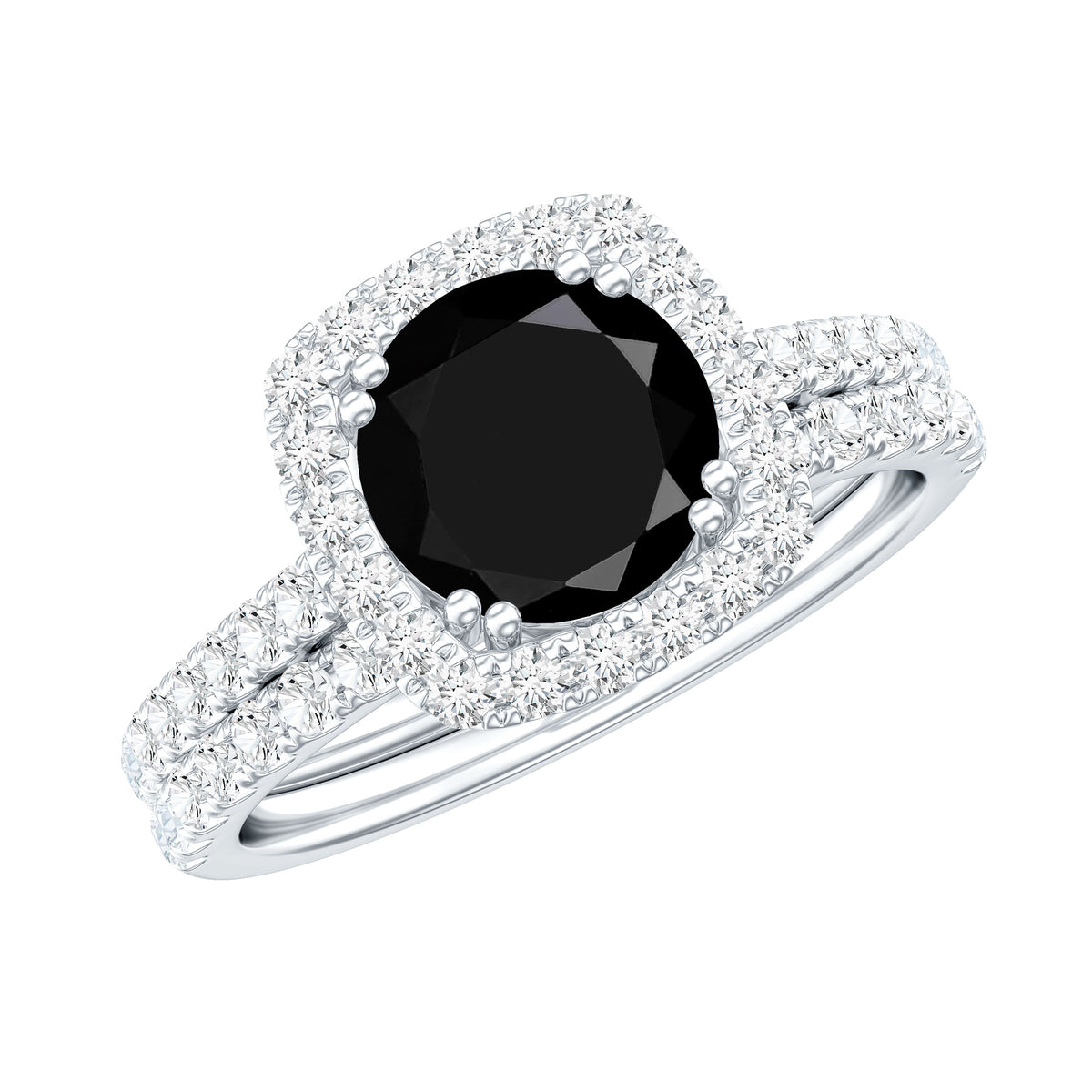Certified 2 Carat Lab Grown Black Diamond Halo Engagement Ring with Wedding Band AAAA ( Synthetic ) - Rosec Jewels