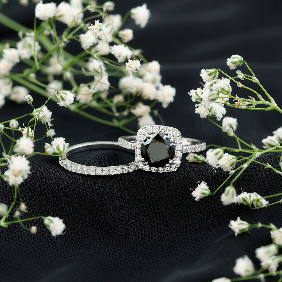 Certified 2 Carat Lab Grown Black Diamond Halo Engagement Ring with Wedding Band AAAA ( Synthetic ) - Rosec Jewels