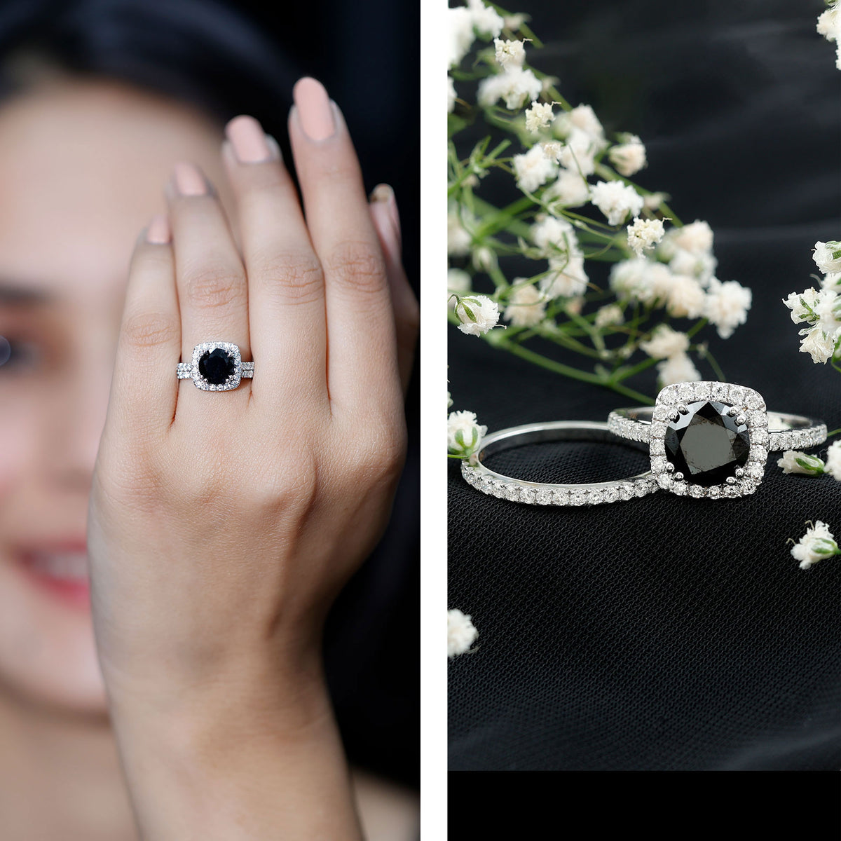 Certified 2 Carat Lab Grown Black Diamond Halo Engagement Ring with Wedding Band AAAA ( Synthetic ) - Rosec Jewels