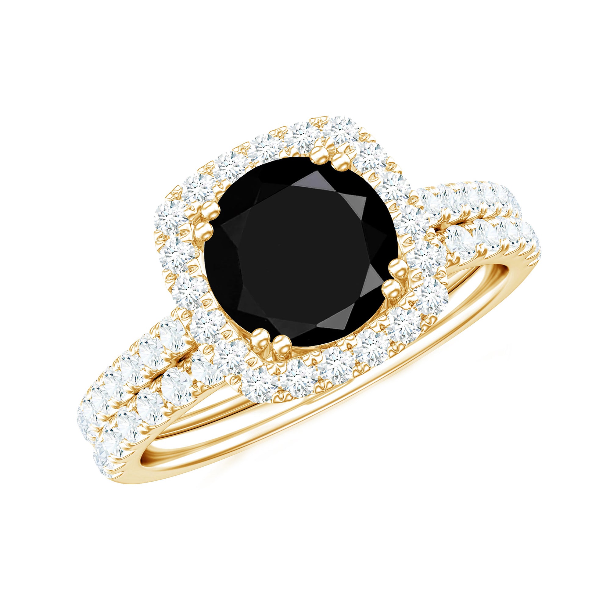 Certified 2 Carat Lab Grown Black Diamond Halo Engagement Ring with Moissanite Wedding Band AAAA ( Synthetic ) - Rosec Jewels