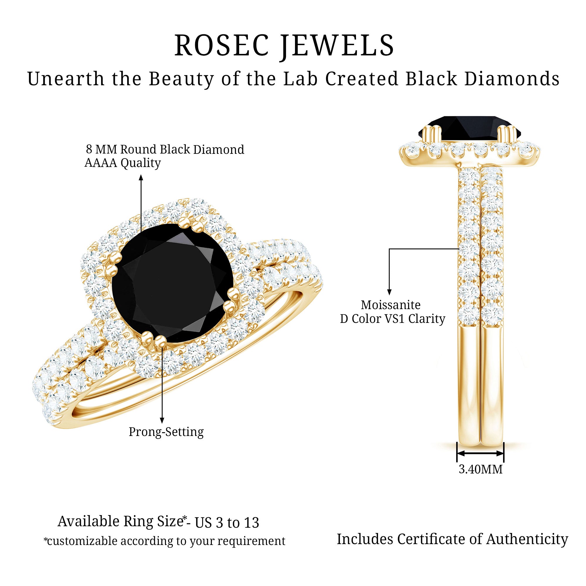 Certified 2 Carat Lab Grown Black Diamond Halo Engagement Ring with Moissanite Wedding Band AAAA ( Synthetic ) - Rosec Jewels