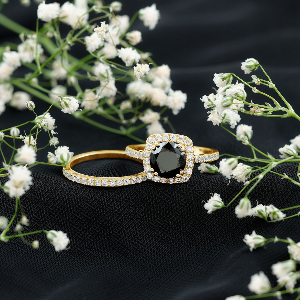 Certified 2 Carat Lab Grown Black Diamond Halo Engagement Ring with Wedding Band AAAA ( Synthetic ) - Rosec Jewels