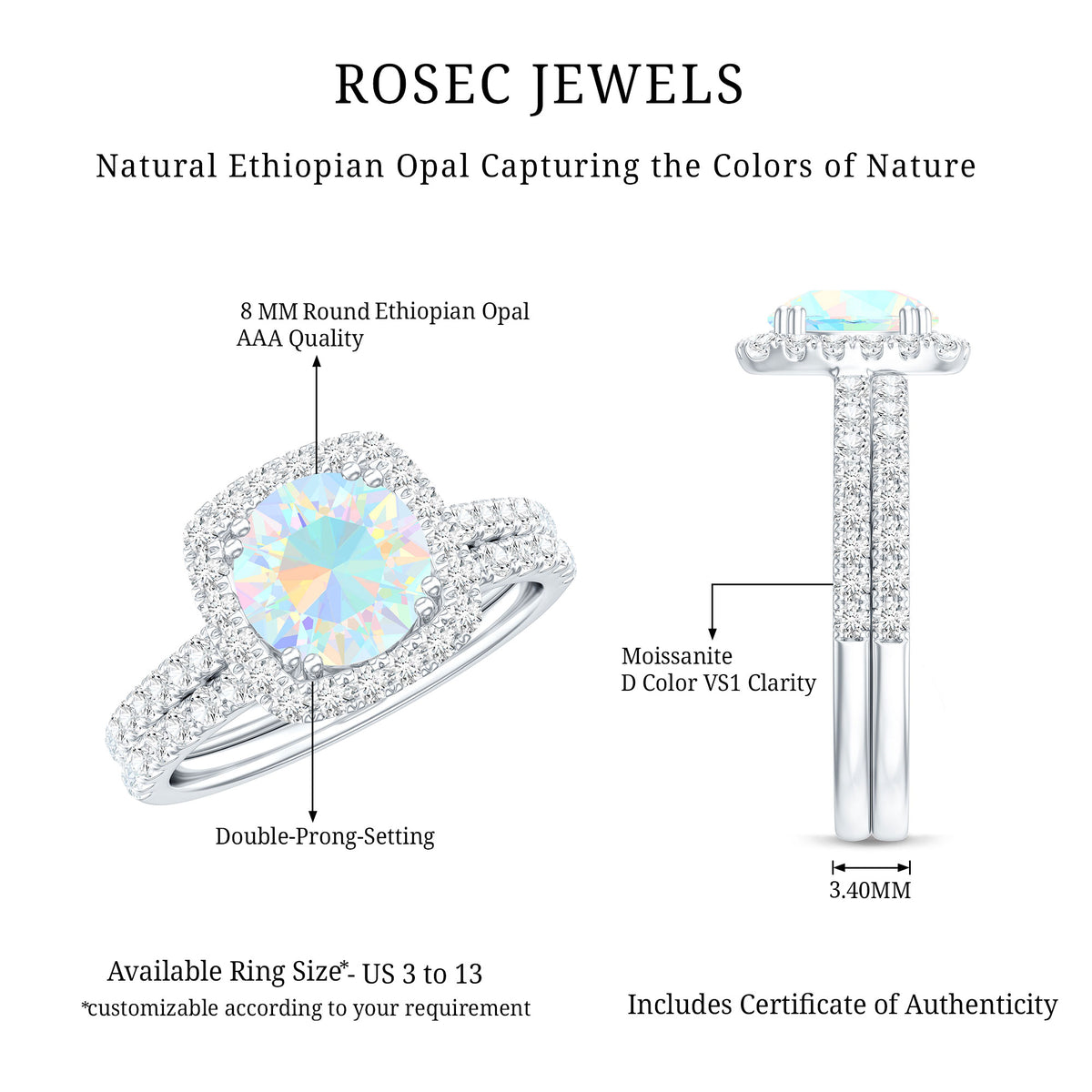 Real Ethiopian Opal Engagement Ring with Moissanite Wedding Band AAA - Rosec Jewels