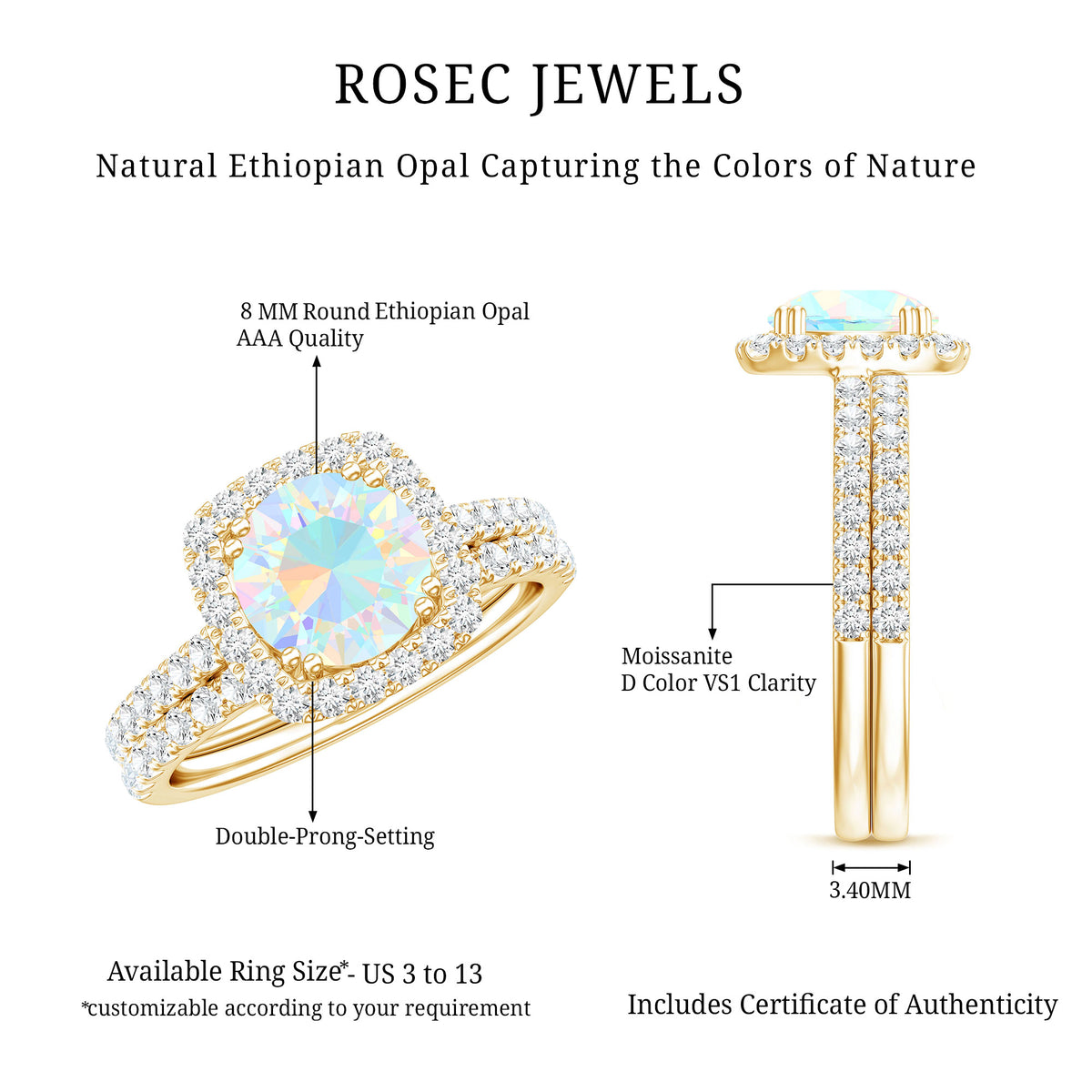 Real Ethiopian Opal Engagement Ring with Moissanite Wedding Band AAA - Rosec Jewels
