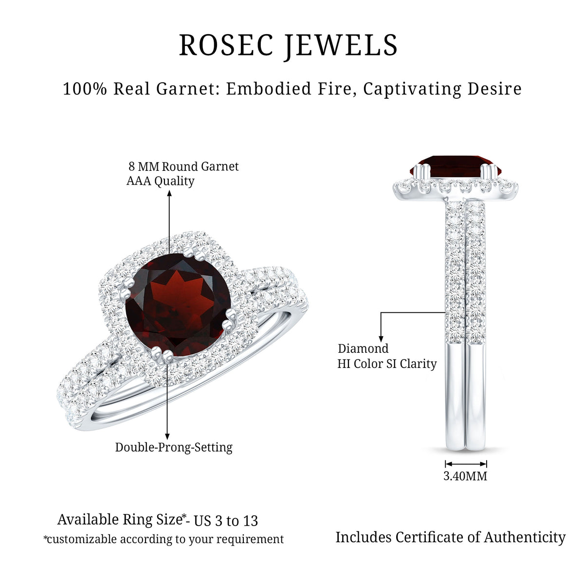 2.3 CT Natural Garnet Diamond Bridal Ring Set AAA - Rosec Jewels