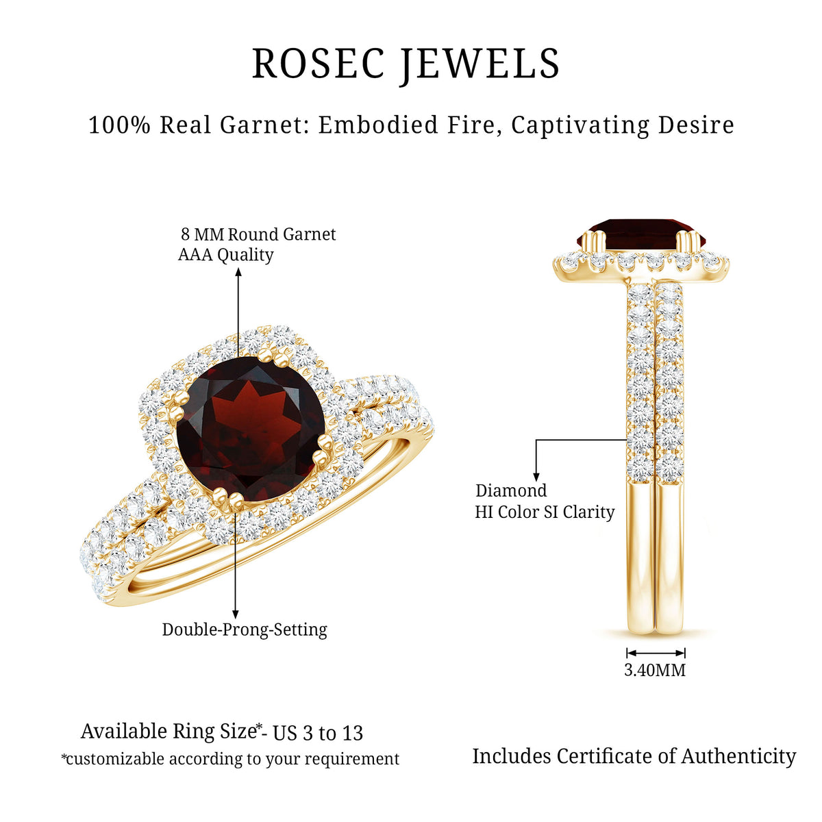 2.3 CT Natural Garnet Diamond Bridal Ring Set AAA - Rosec Jewels