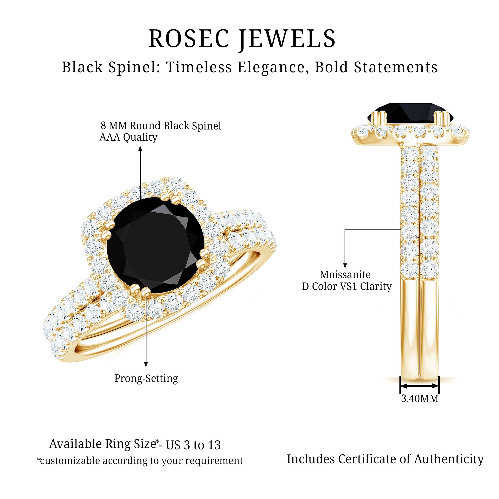 Natural Black Spinel Wedding Bridal Ring Set with Moissanite AAA - Rosec Jewels