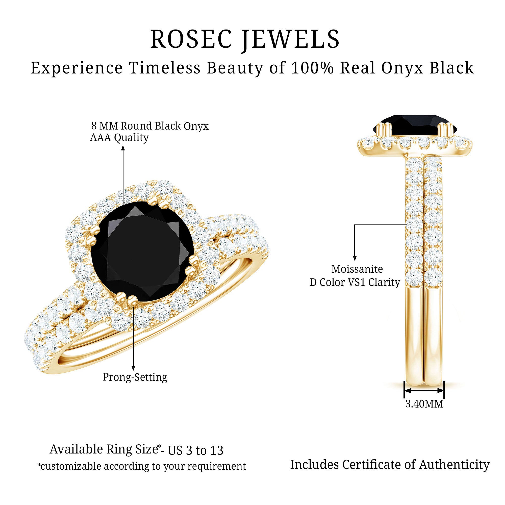 Round Cut Black Onyx Bridal Wedding Ring Set with Moissanite AAA - Rosec Jewels