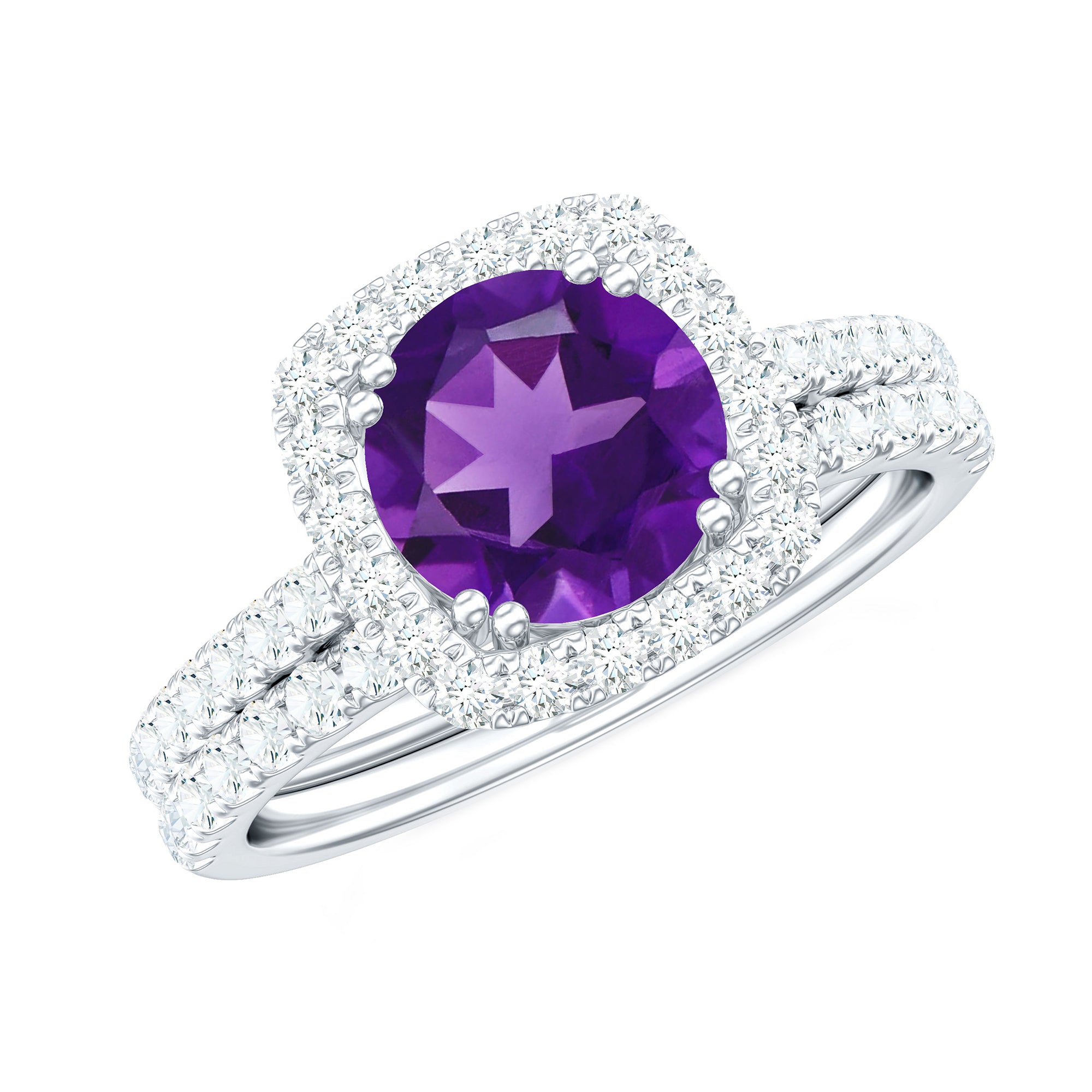 Real Amethyst and Moissanite Classic Halo Ring Set