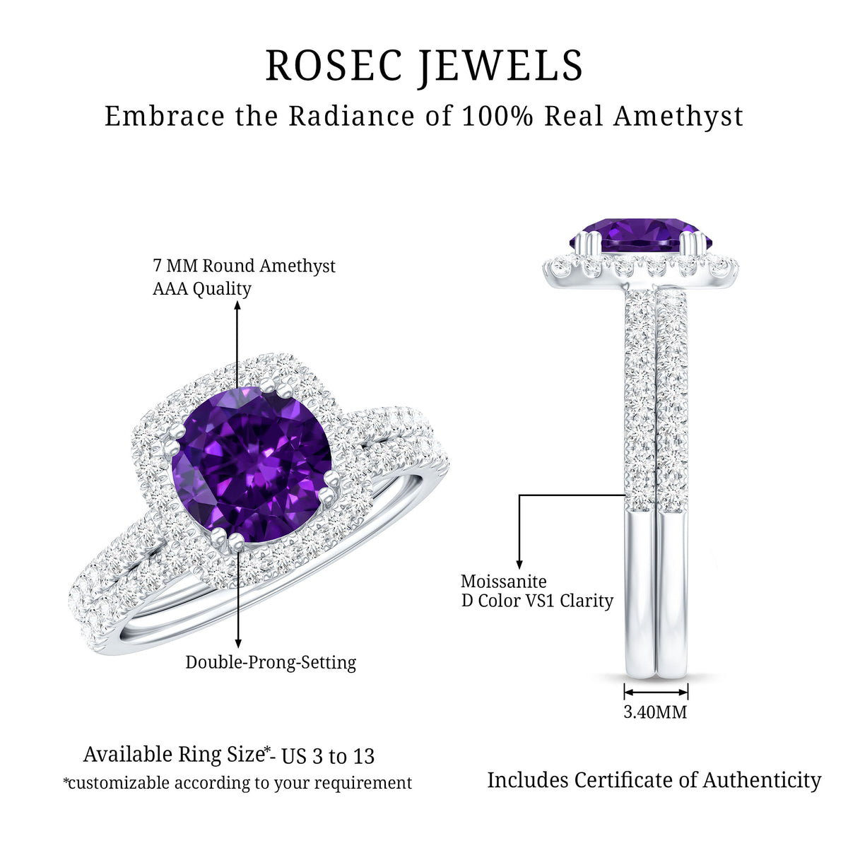 Real 1.2 Carat Amethyst Wedding Engagement Ring Set with Moissanite AAA - Rosec Jewels