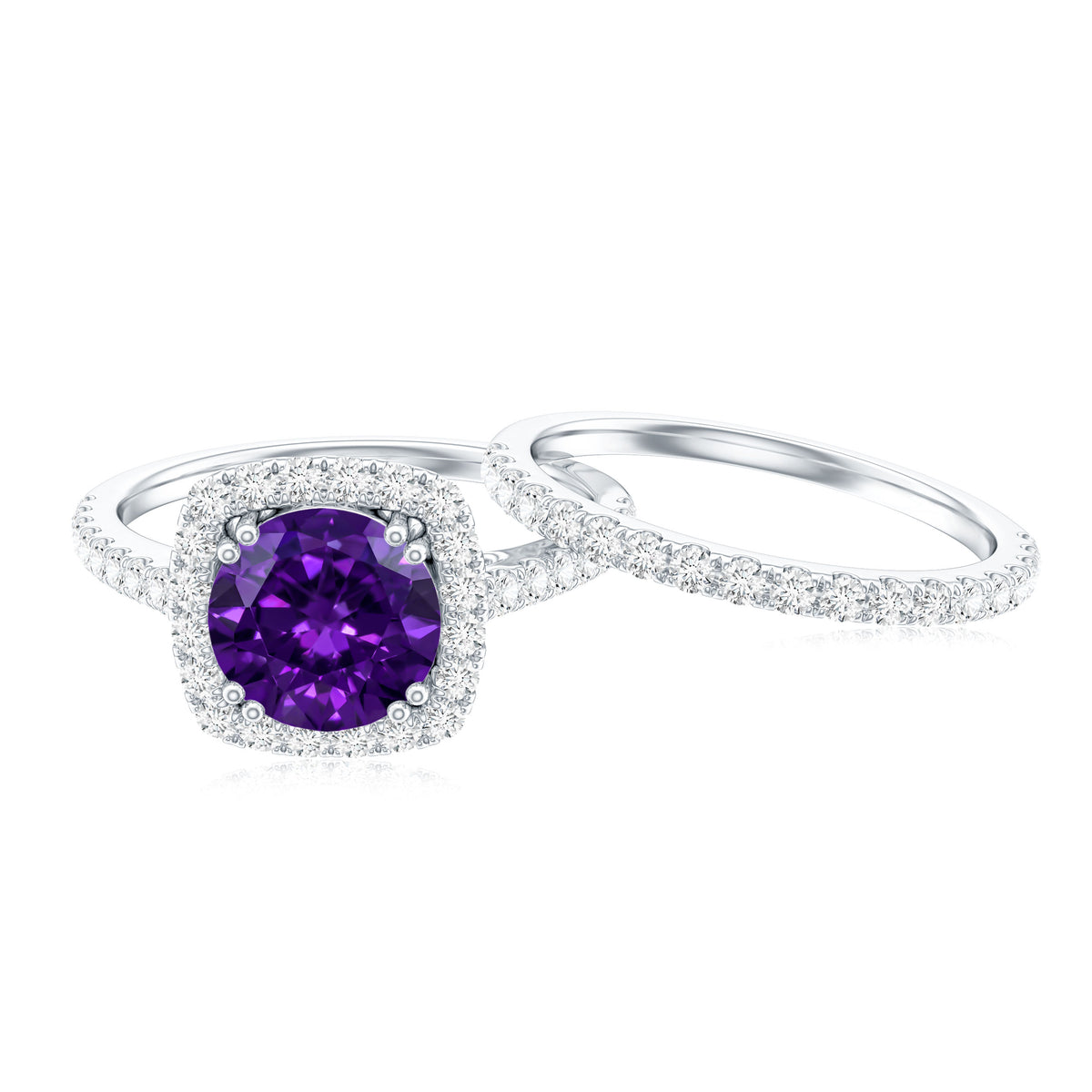 Real 1.2 Carat Amethyst Wedding Engagement Ring Set with Moissanite AAA - Rosec Jewels