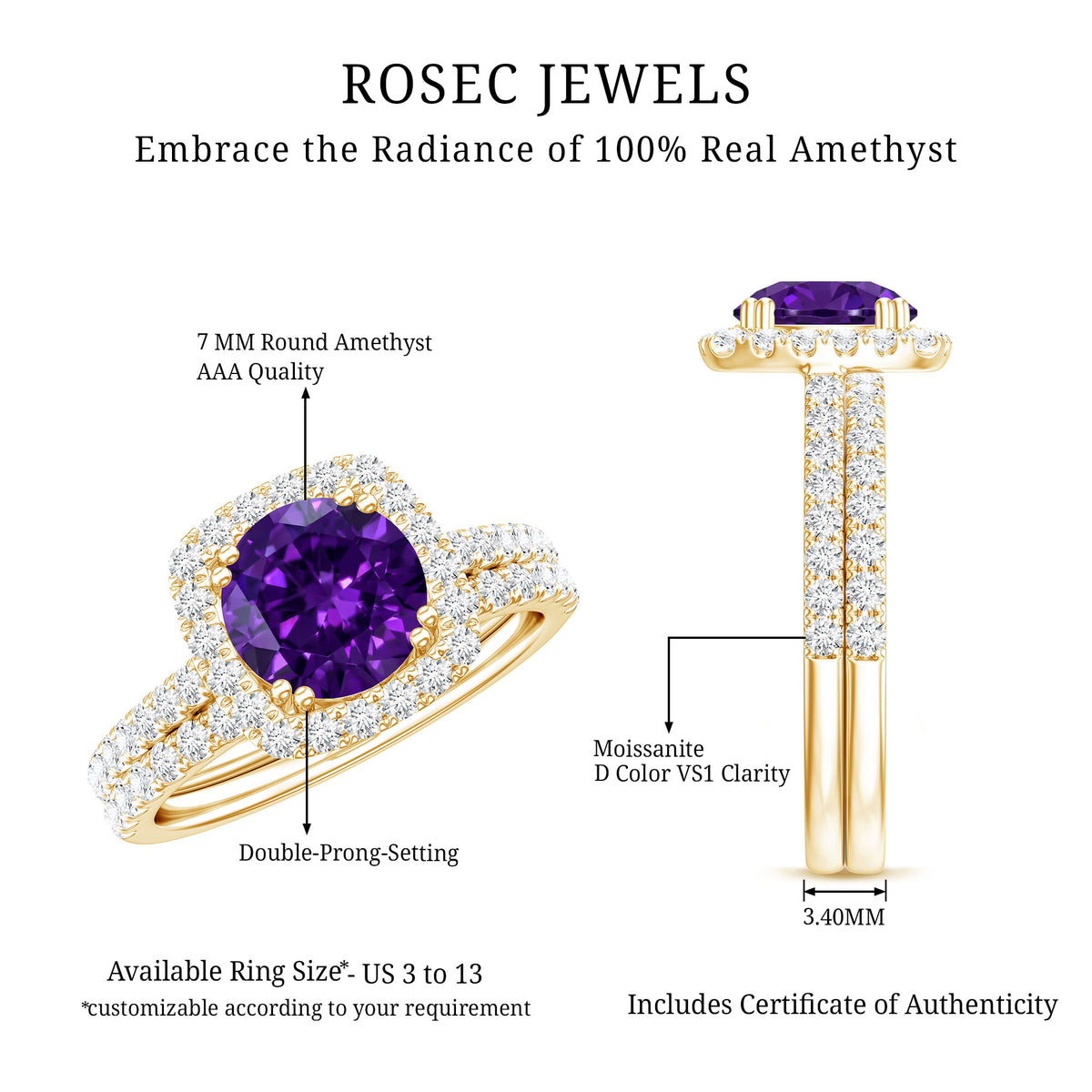 Real 1.2 Carat Amethyst Wedding Engagement Ring Set with Moissanite AAA - Rosec Jewels