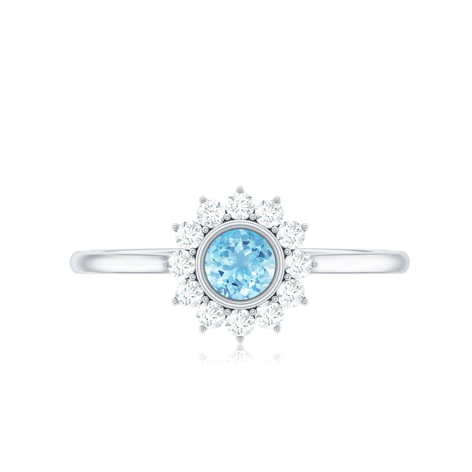 Real Round Aquamarine and Diamond Halo Promise Ring AAA - Rosec Jewels