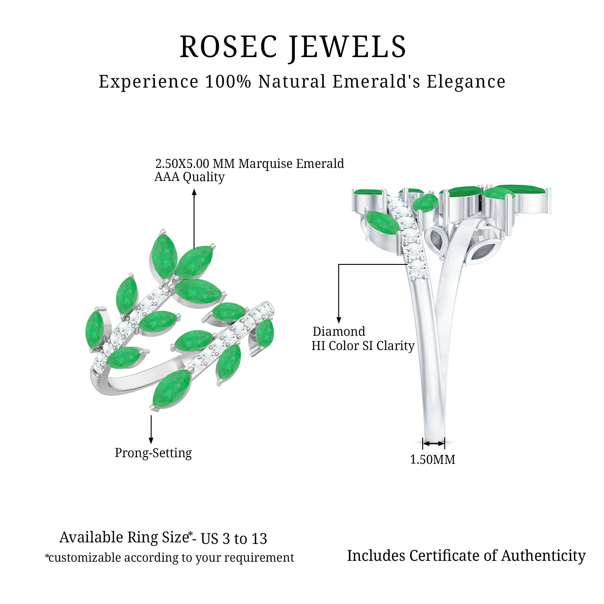 Natural Emerald and Diamond Leaf Wrap Ring AAA - Rosec Jewels