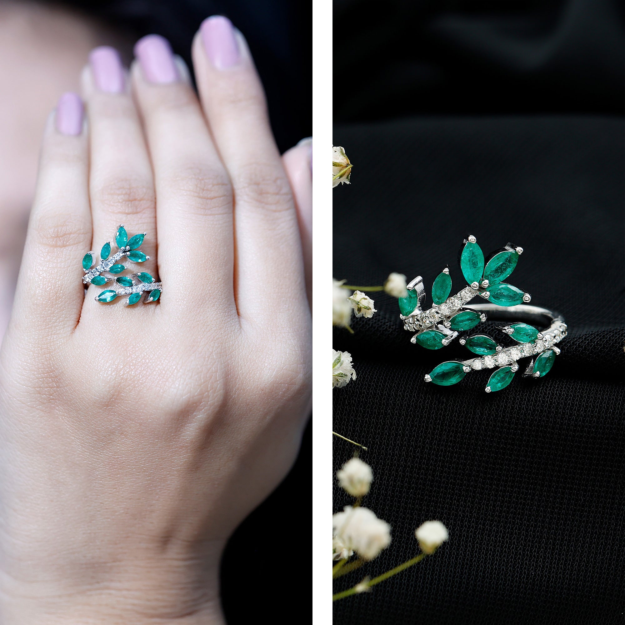 Natural Emerald and Diamond Leaf Wrap Ring AAA - Rosec Jewels