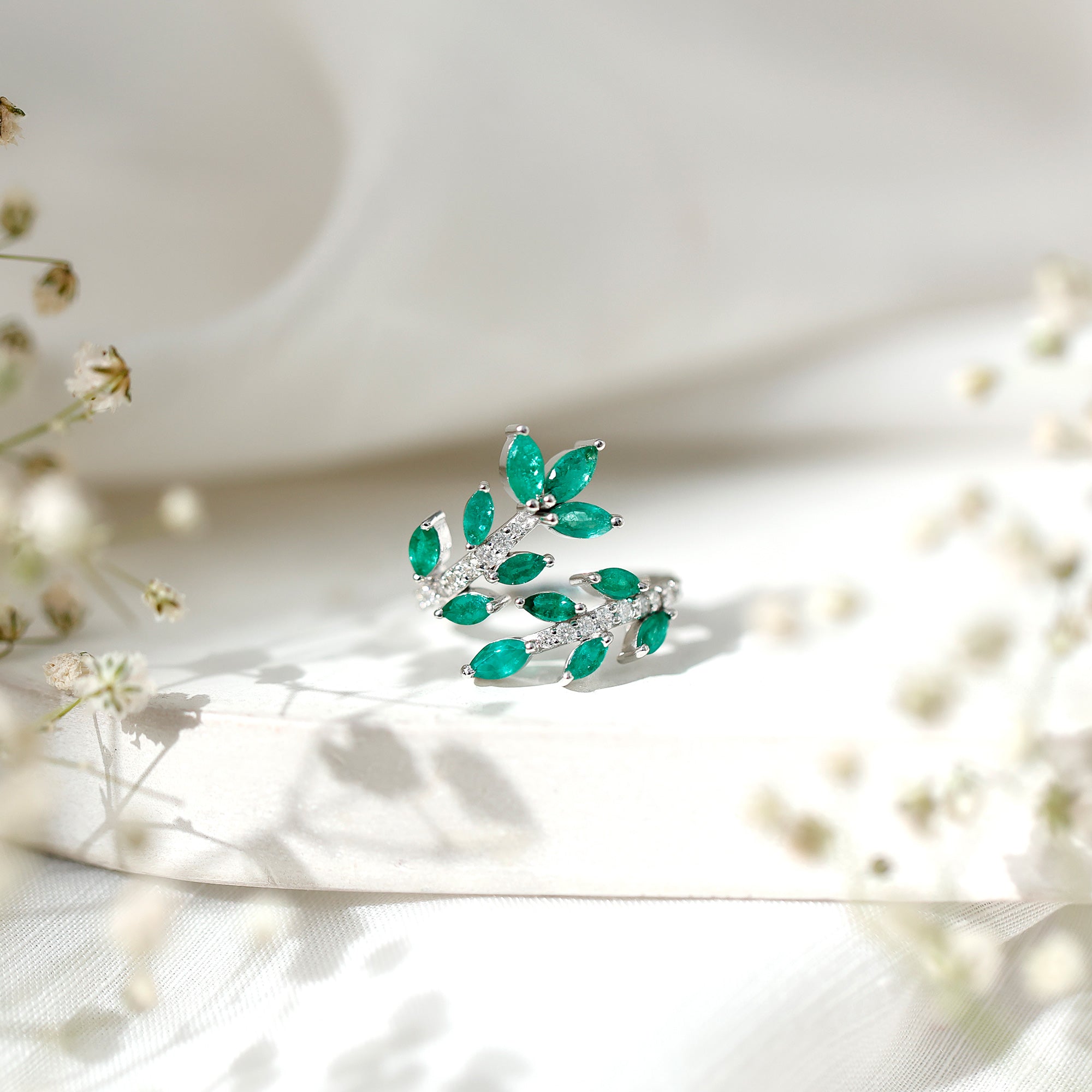 Natural Emerald and Diamond Leaf Wrap Ring AAA - Rosec Jewels