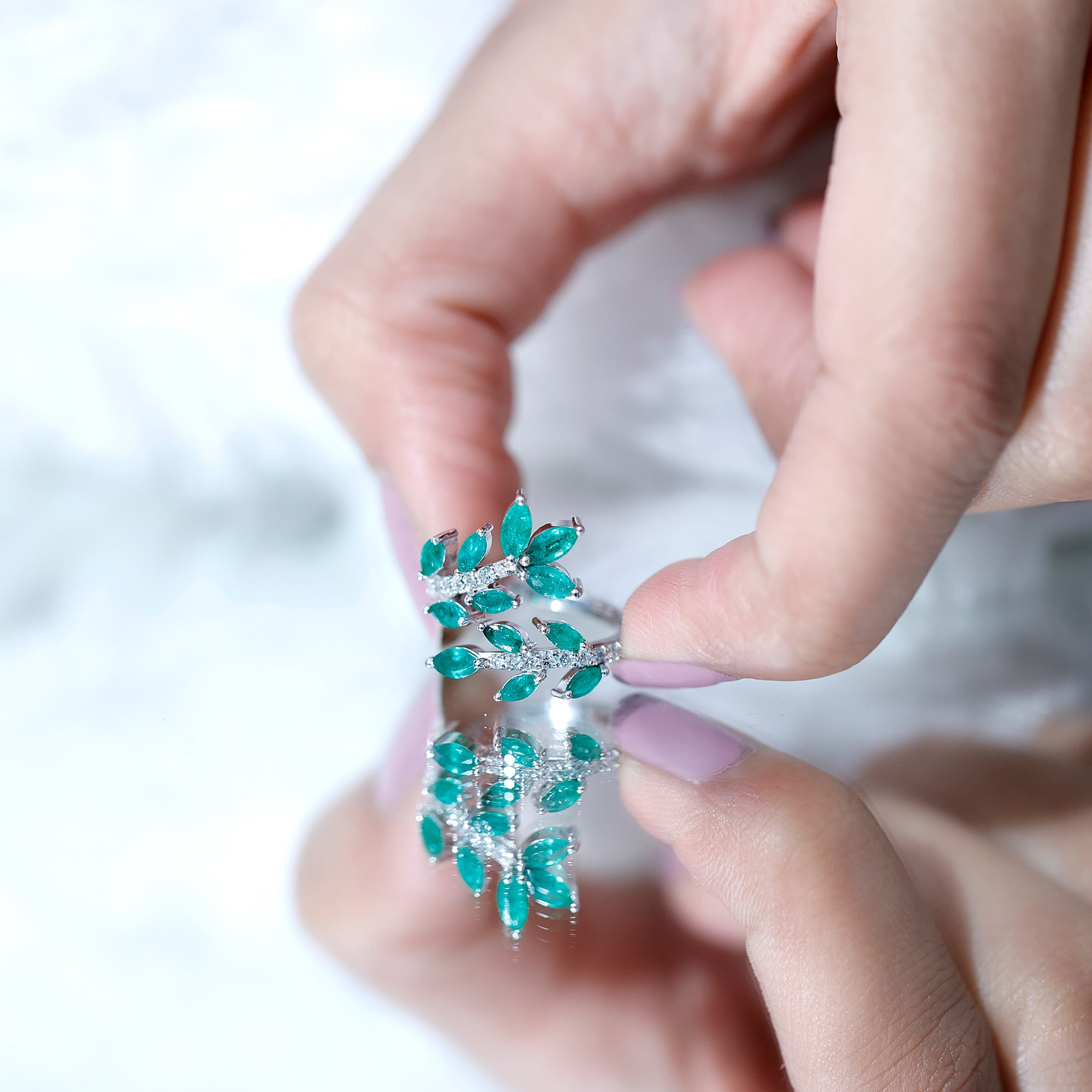 Natural Emerald and Diamond Leaf Wrap Ring AAA - Rosec Jewels