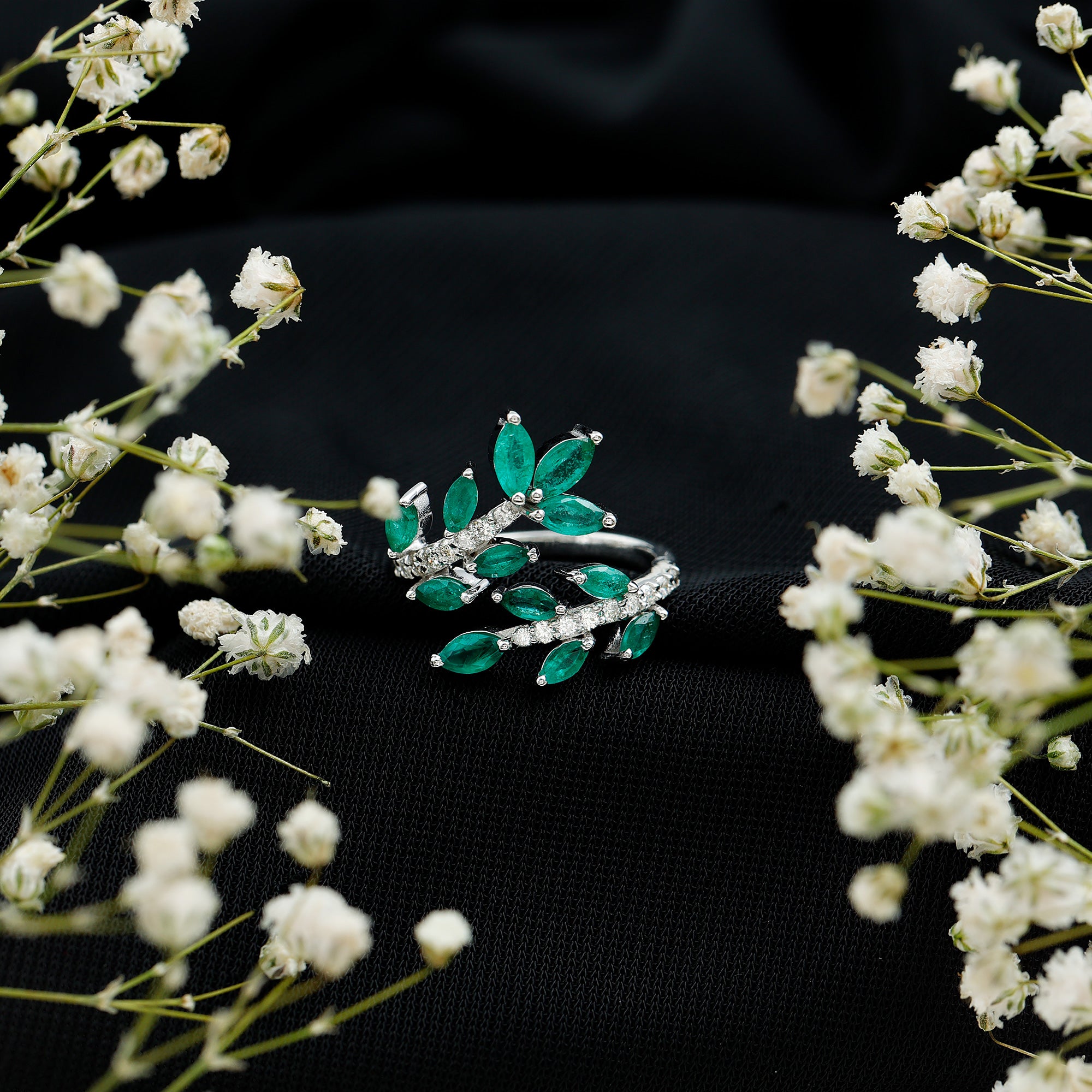 Natural Emerald and Diamond Leaf Wrap Ring AAA - Rosec Jewels