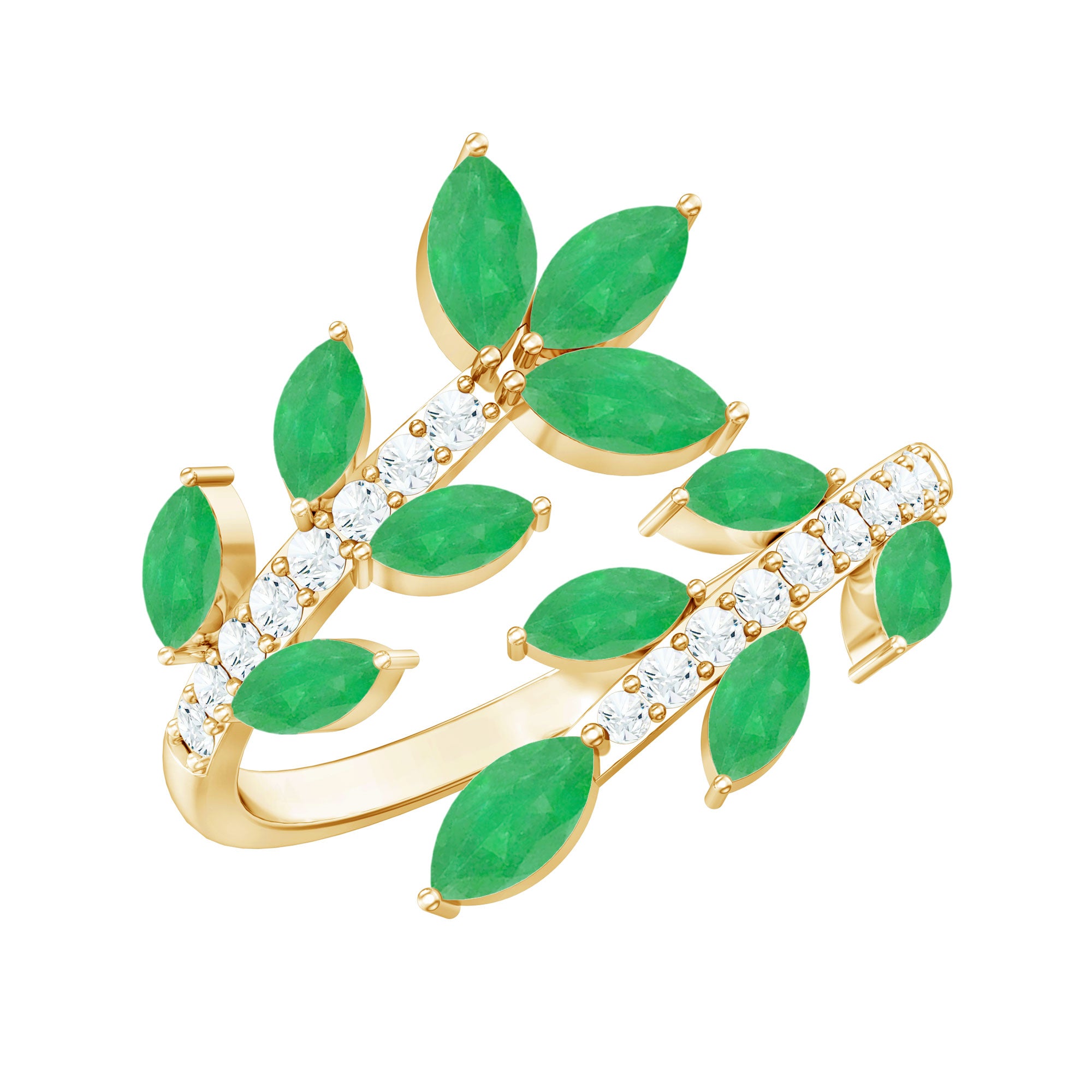 Natural Emerald and Diamond Leaf Wrap Ring AAA - Rosec Jewels