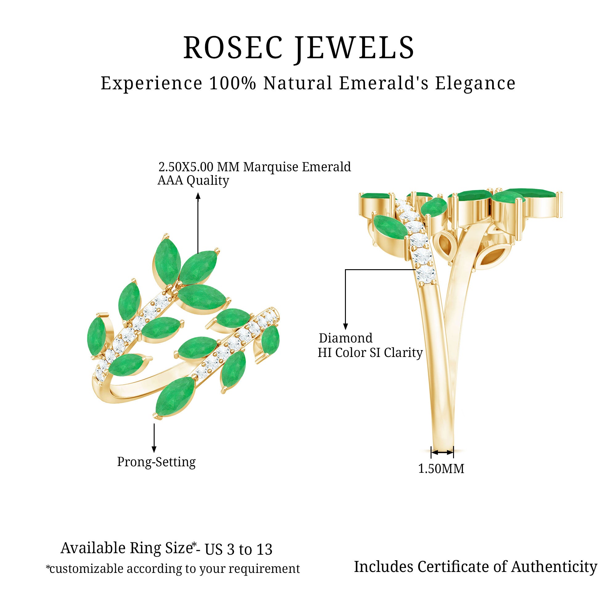 Natural Emerald and Diamond Leaf Wrap Ring AAA - Rosec Jewels