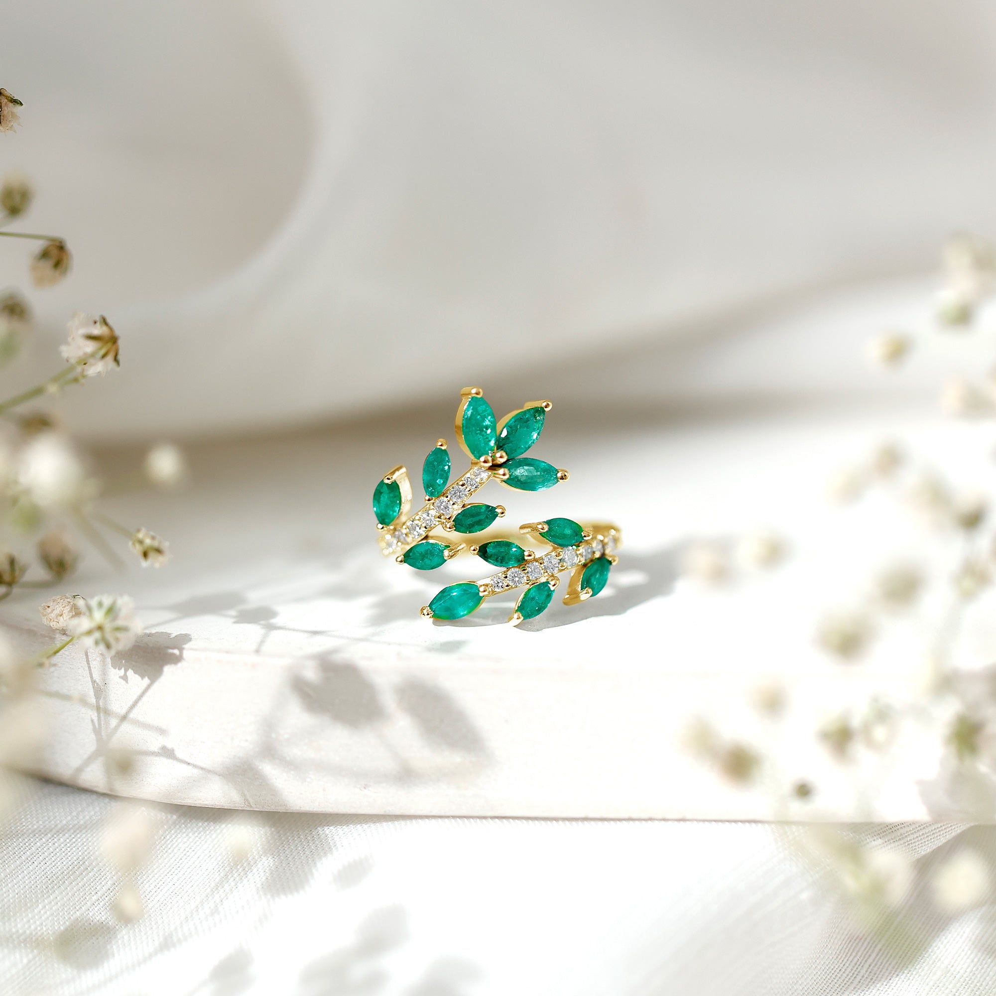 Natural Emerald and Diamond Leaf Wrap Ring AAA - Rosec Jewels