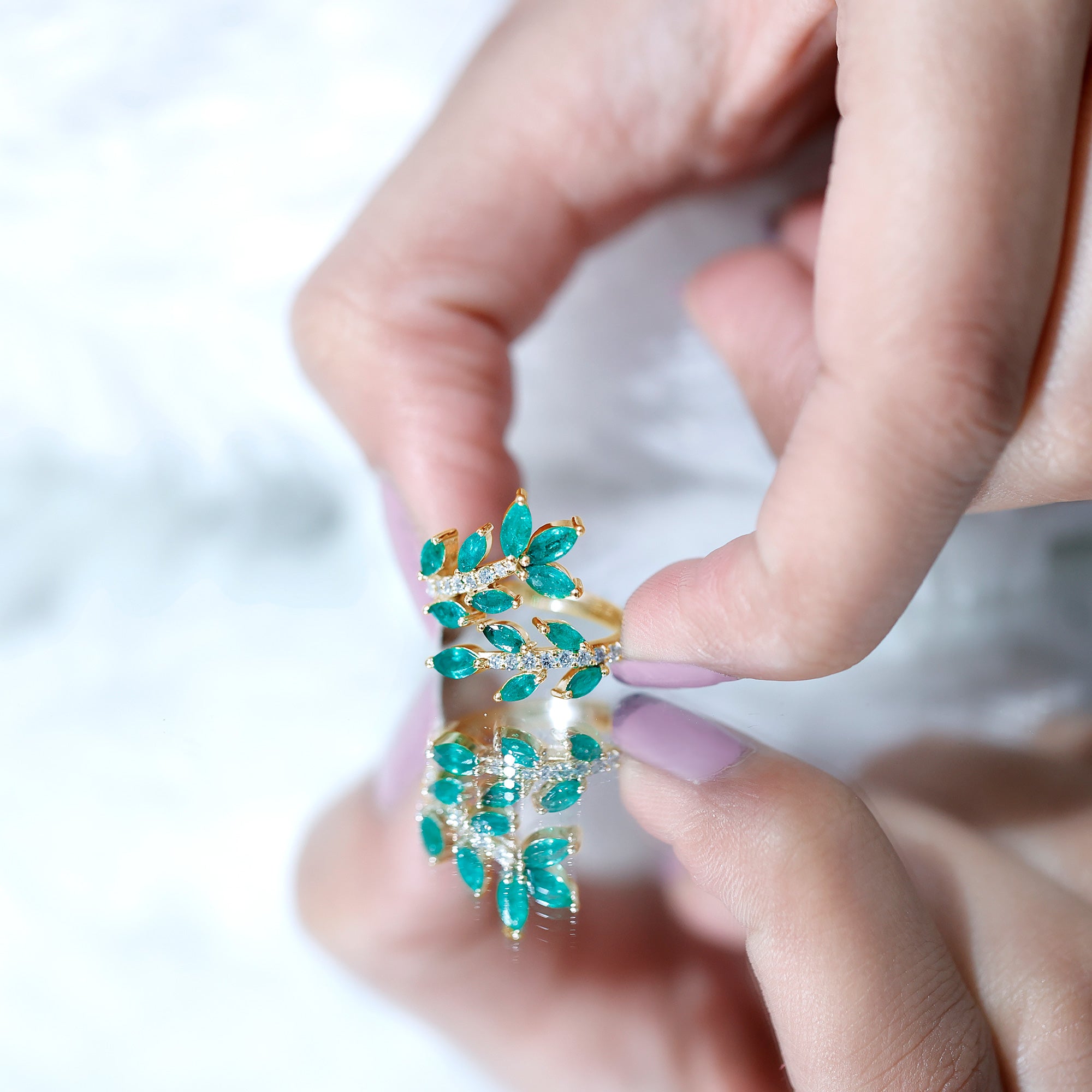 Natural Emerald and Diamond Leaf Wrap Ring AAA - Rosec Jewels
