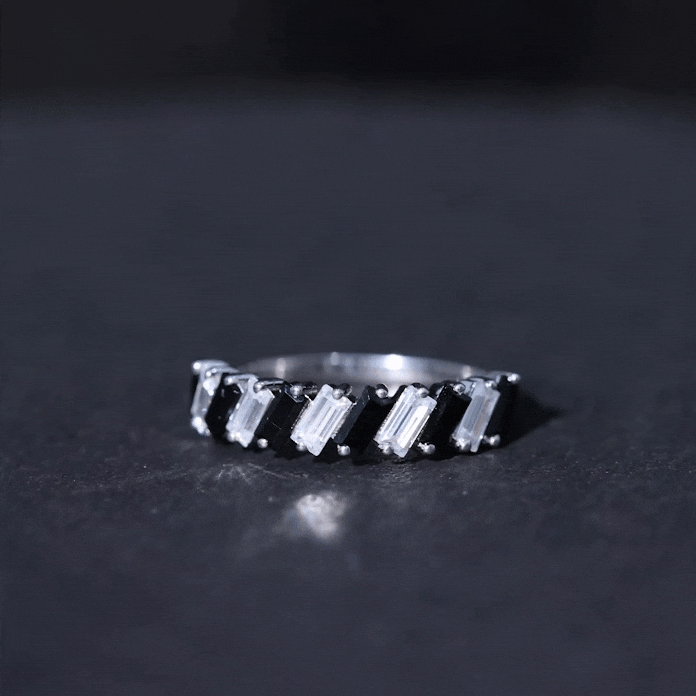 Baguette Cut Black Onyx and Moissanite Tilted Half Eternity Ring AAA - Rosec Jewels