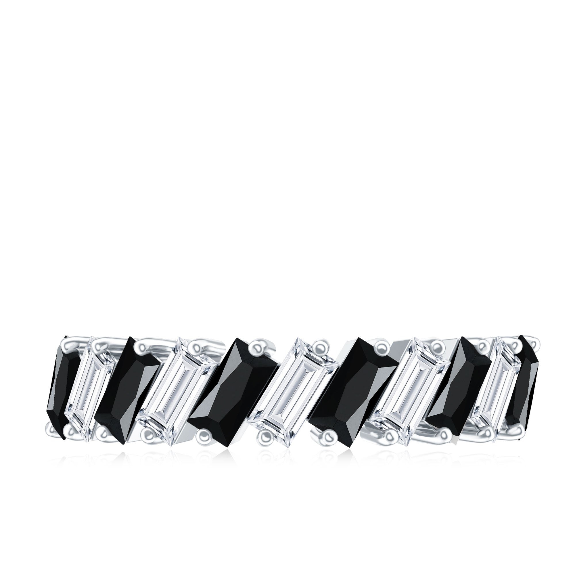 Baguette Cut Black Onyx and Moissanite Tilted Half Eternity Ring AAA - Rosec Jewels
