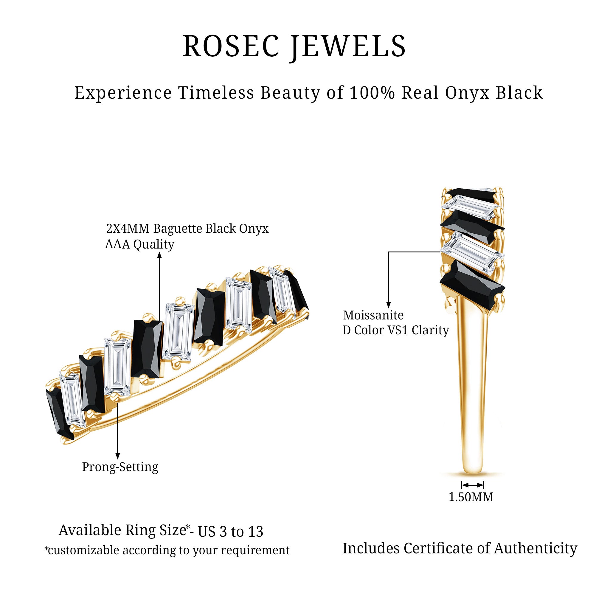Baguette Cut Black Onyx and Moissanite Tilted Half Eternity Ring AAA - Rosec Jewels