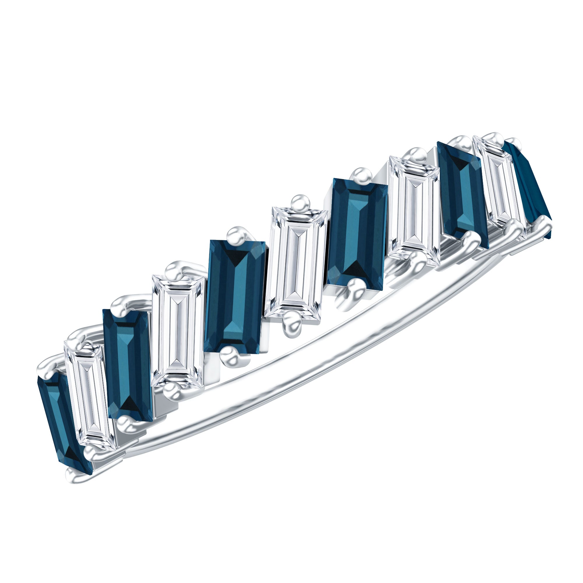 London Blue Topaz and Moissanite Baguette Eternity Ring AAA - Rosec Jewels