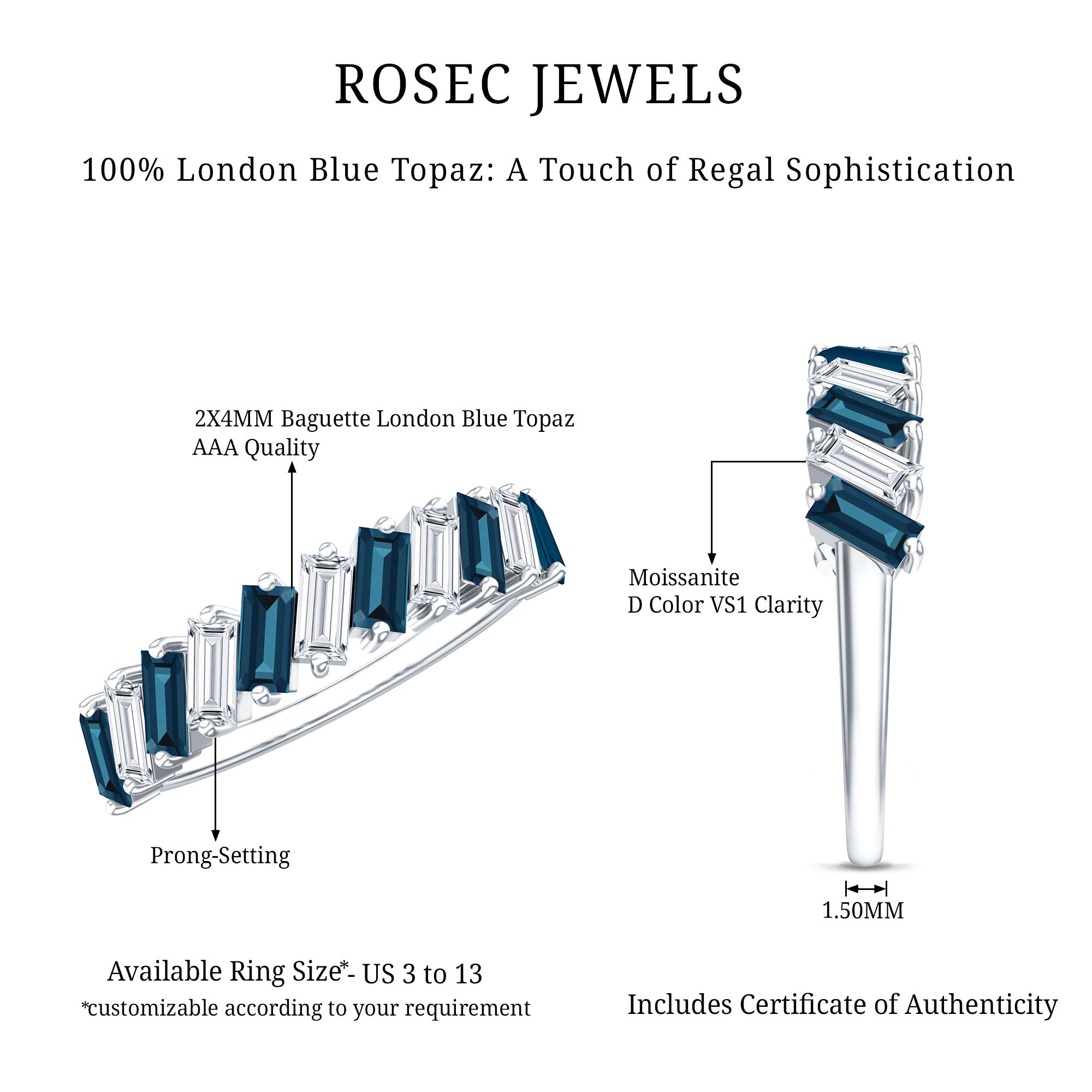 London Blue Topaz and Moissanite Baguette Eternity Ring AAA - Rosec Jewels