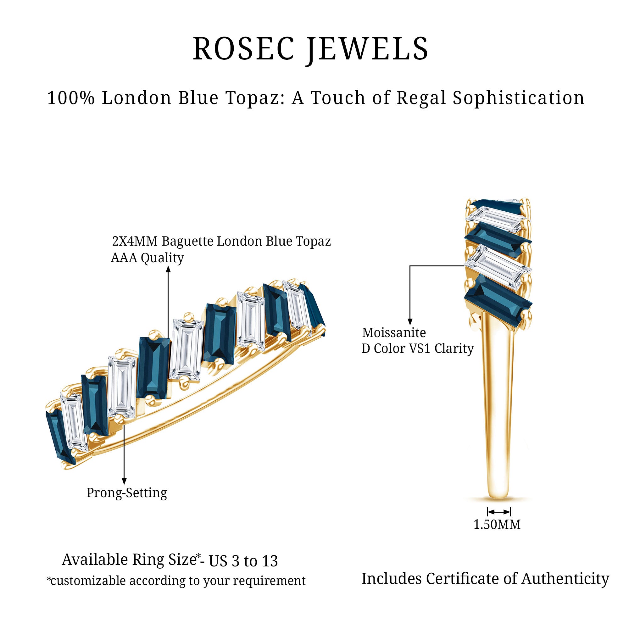 London Blue Topaz and Moissanite Baguette Eternity Ring AAA - Rosec Jewels