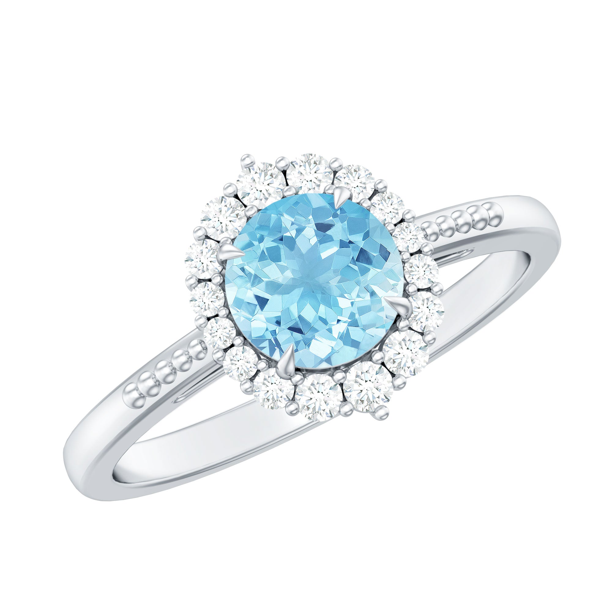 Rosec Jewels-Natural 6MM Aquamarine Halo Engagement Ring with Diamond