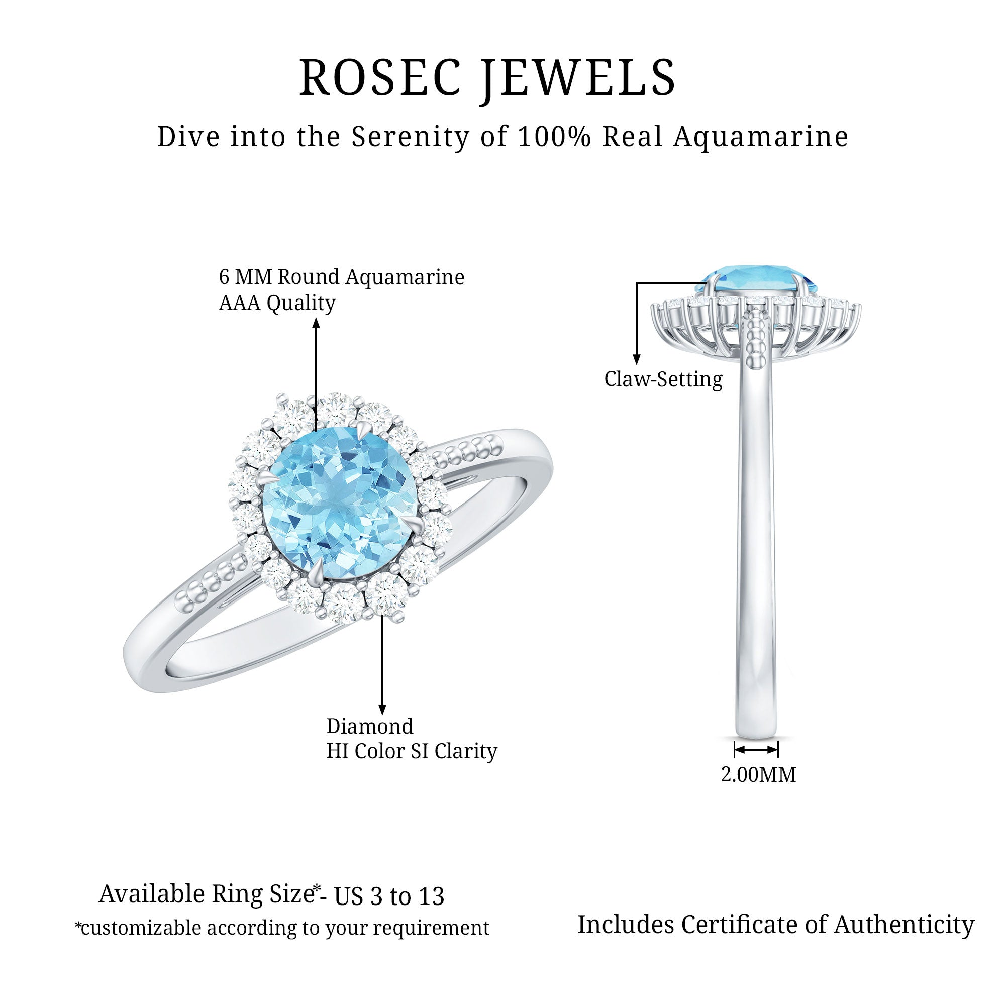 Rosec Jewels-Natural 6MM Aquamarine Halo Engagement Ring with Diamond