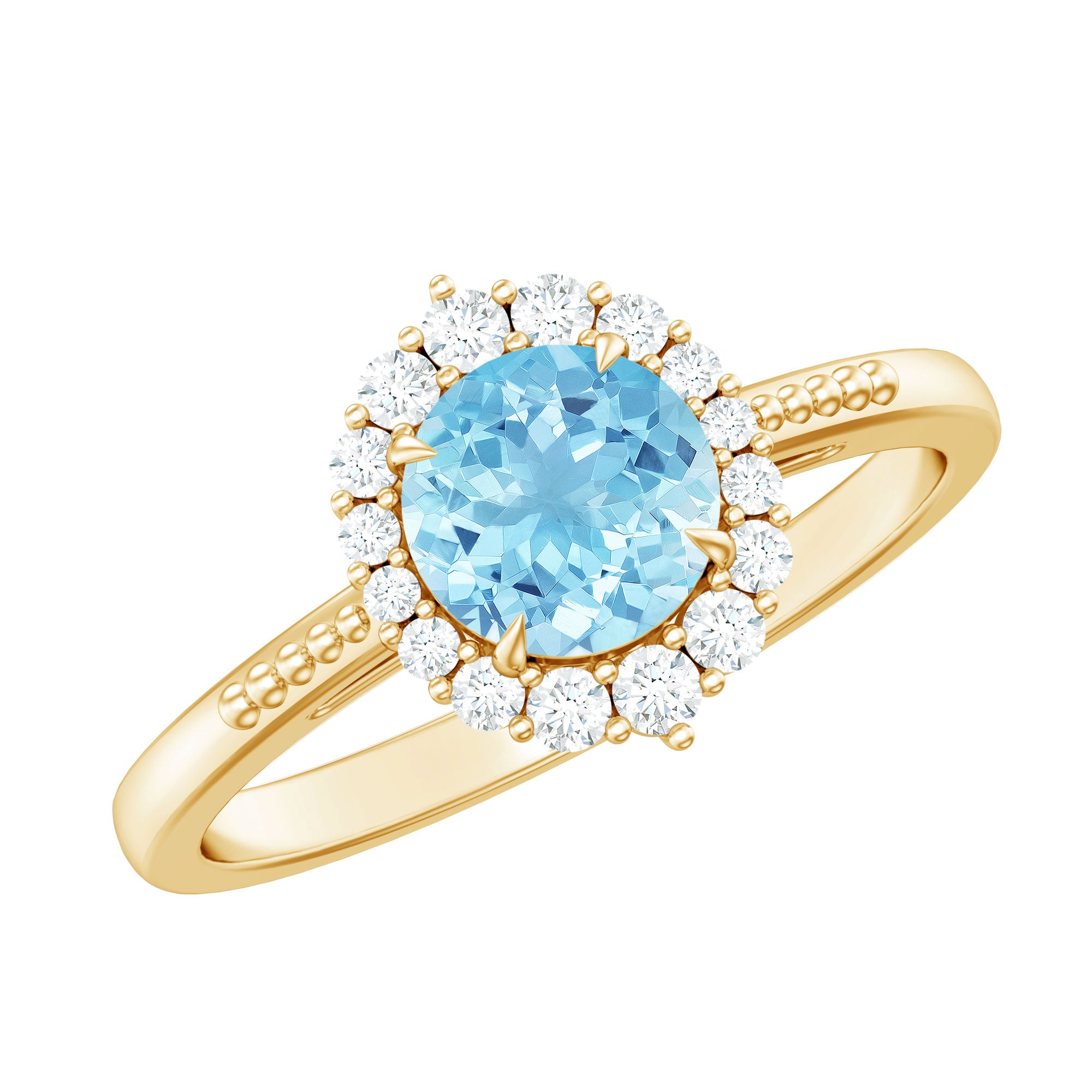 Rosec Jewels-Natural 6MM Aquamarine Halo Engagement Ring with Diamond