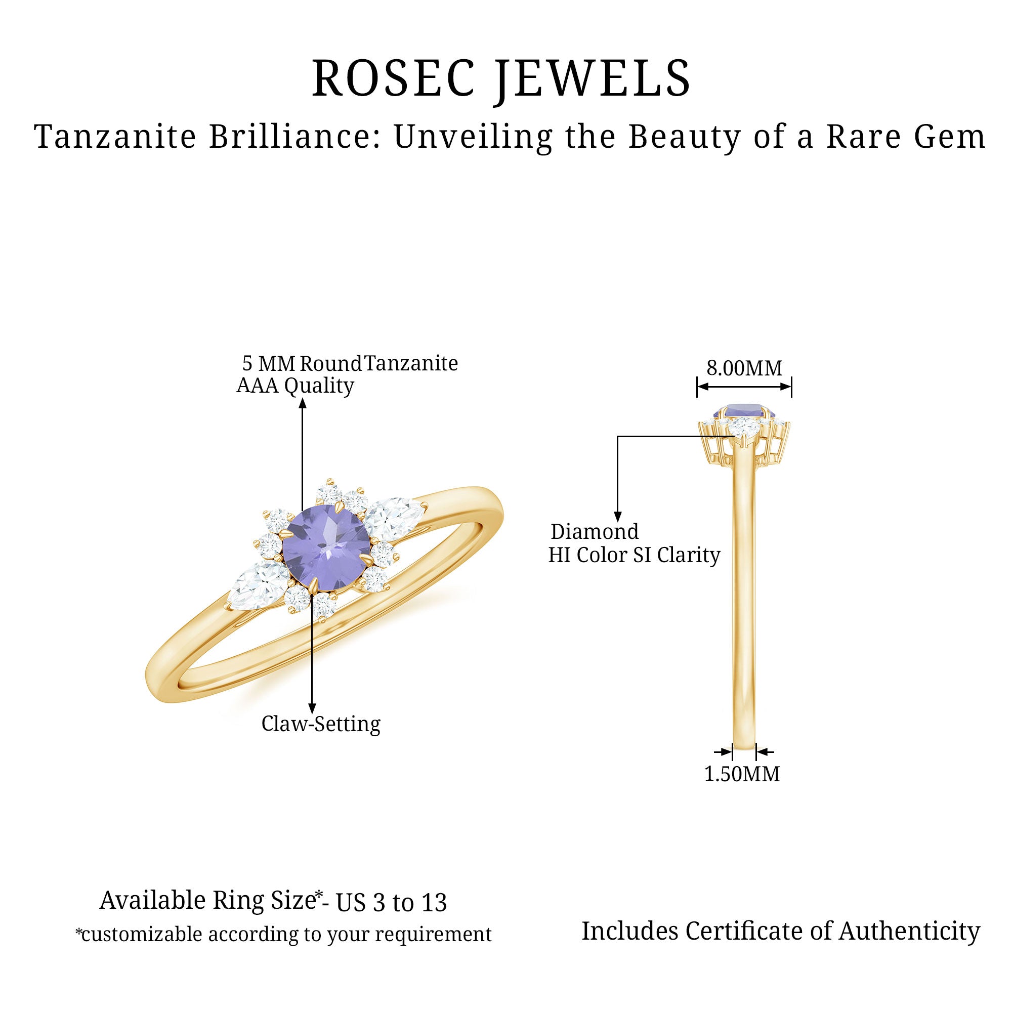 Natural Tanzanite Promise Ring with Diamond Accent Tanzanite - ( AAA ) - Quality - Rosec Jewels