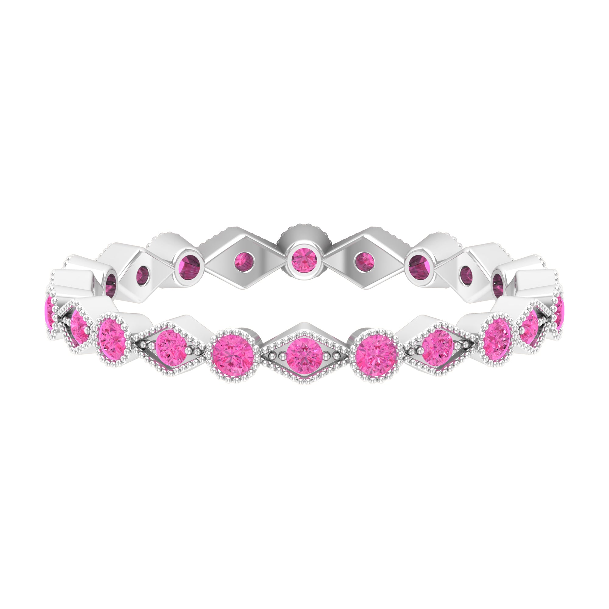 Created Pink Sapphire Stackable Eternity Ring with Beaded Shank AAAA - Rosec Jewels