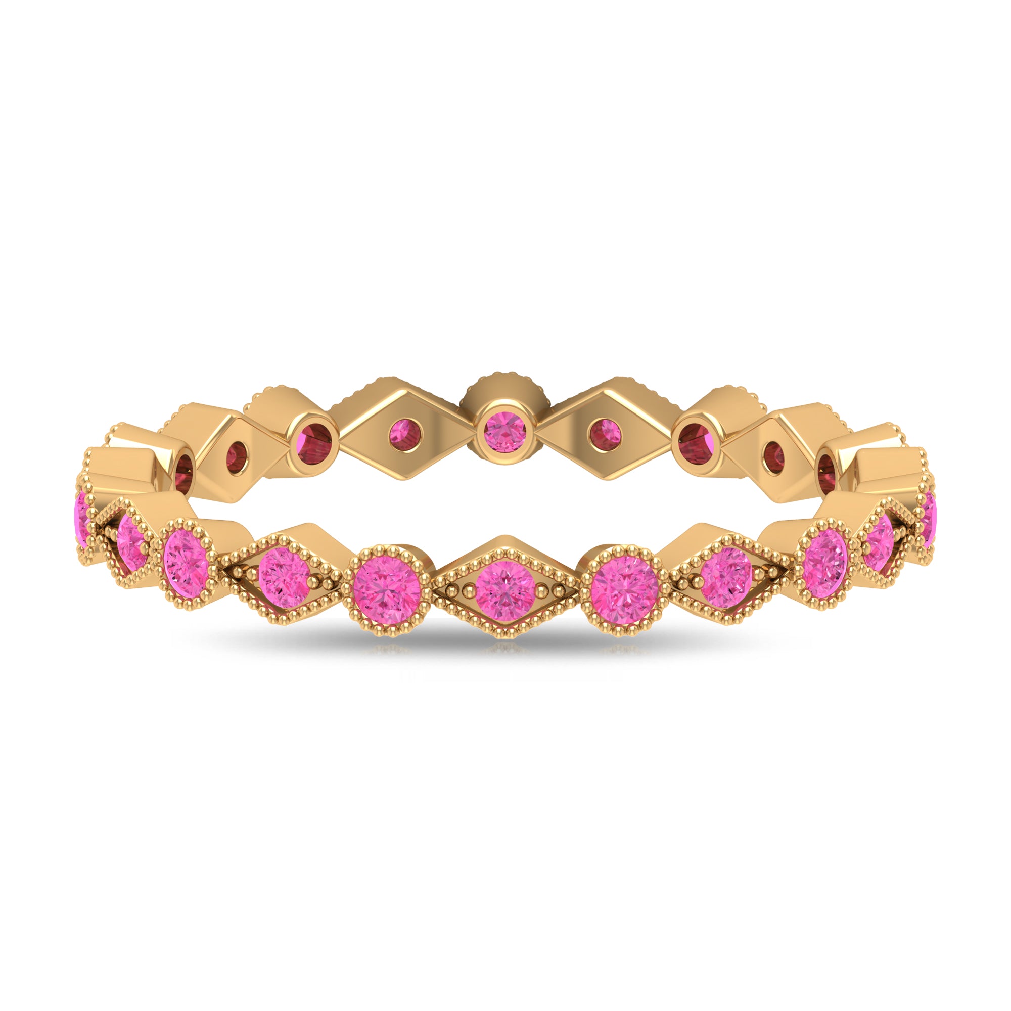 Created Pink Sapphire Stackable Eternity Ring with Beaded Shank AAAA - Rosec Jewels