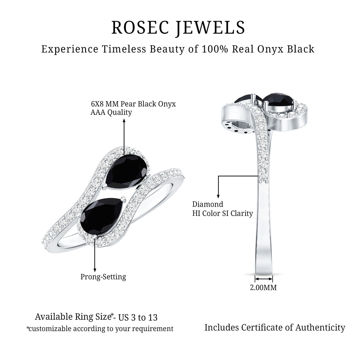 Pear Cut Black Onyx Two Stone Engagement Ring with Diamond AAA - Rosec Jewels