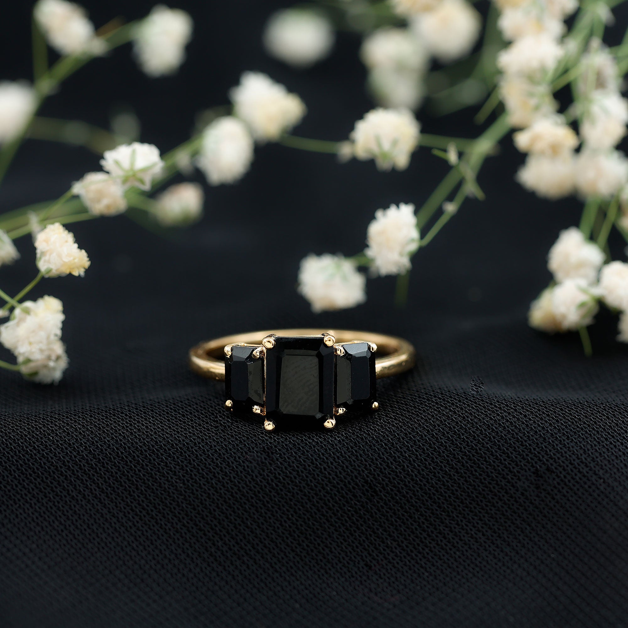 Emerald Cut Black Onyx Three Stone Engagement Ring AAA - Rosec Jewels