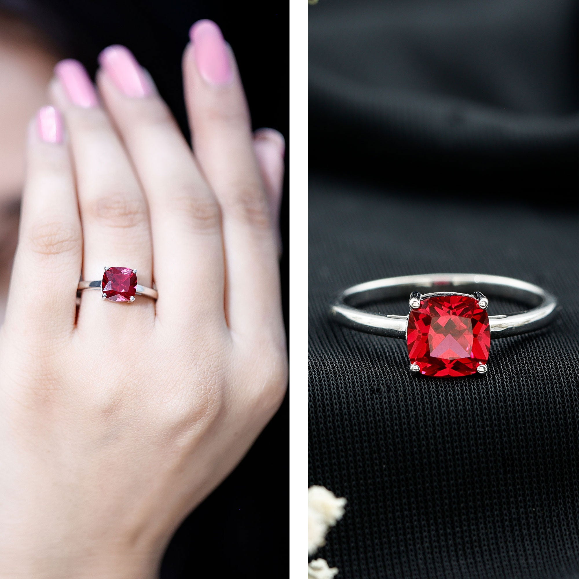 Solitaire 2 Carat Cushion Cut Lab Grown Ruby Engagement Ring AAAA - Rosec Jewels