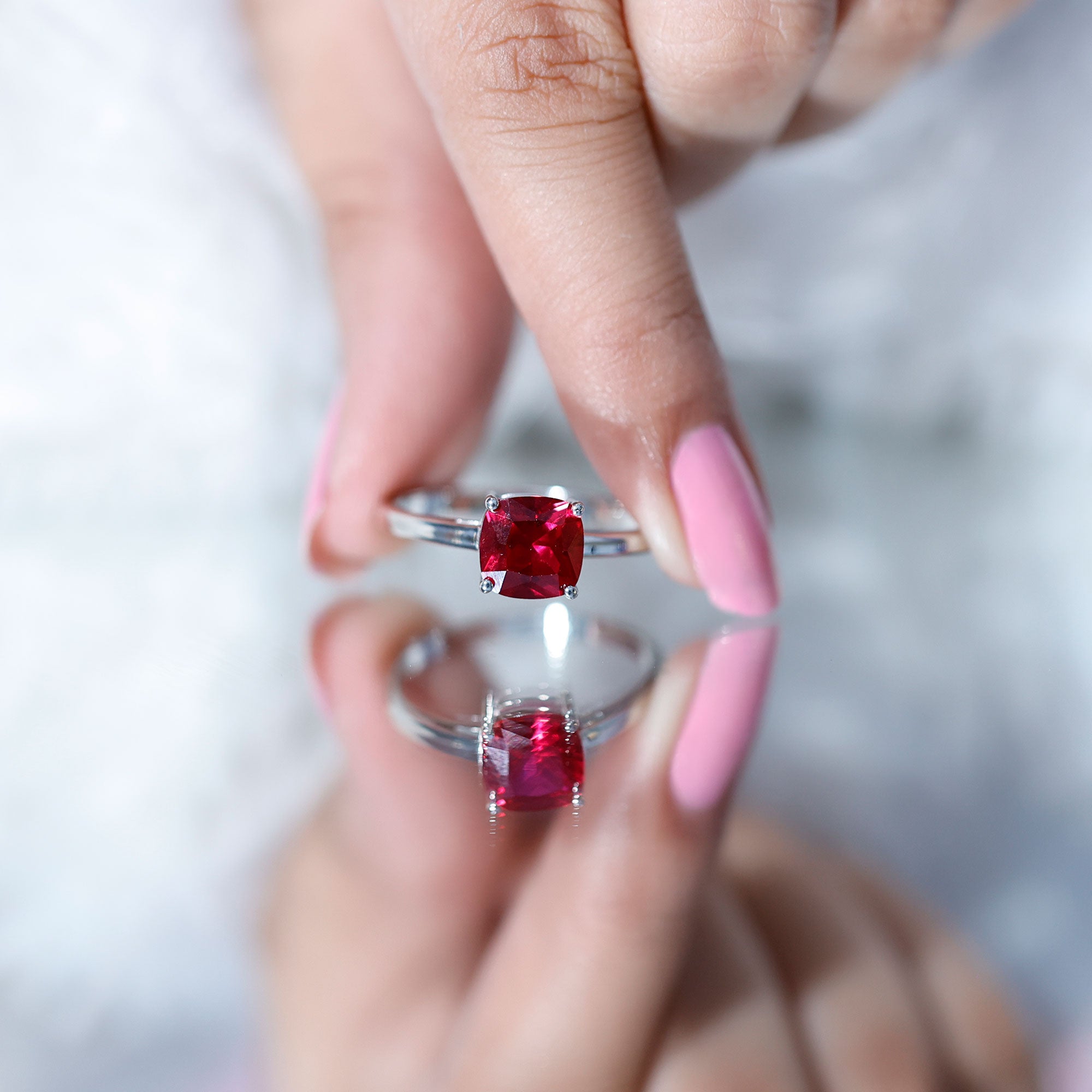 Solitaire 2 Carat Cushion Cut Lab Grown Ruby Engagement Ring AAAA - Rosec Jewels