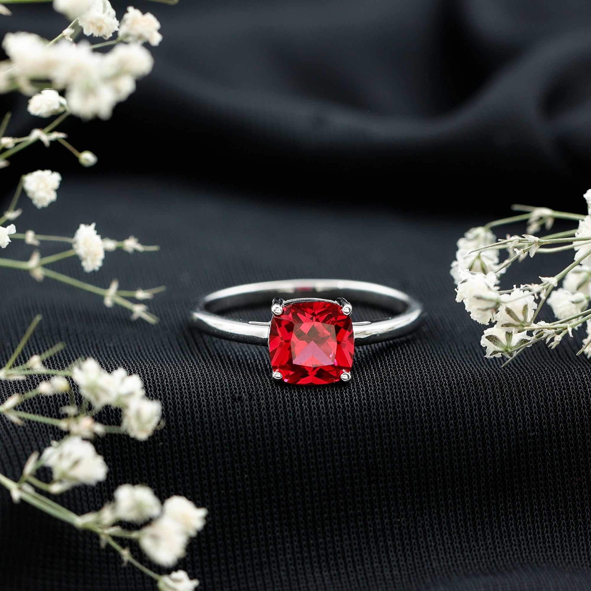 Solitaire 2 Carat Cushion Cut Lab Grown Ruby Engagement Ring AAAA - Rosec Jewels