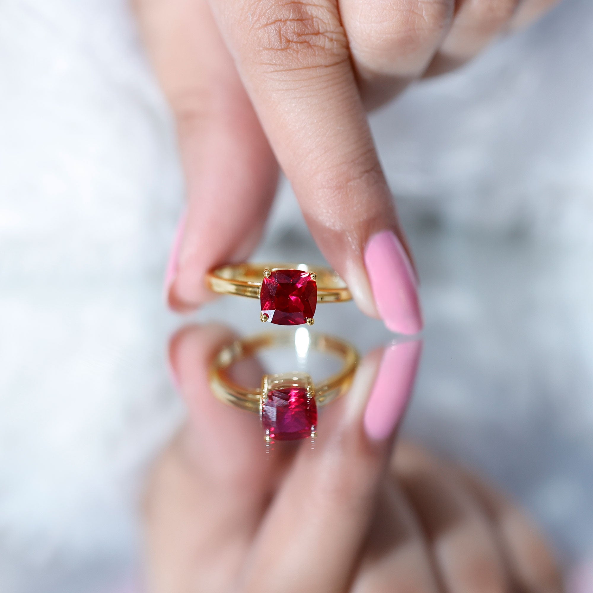Solitaire 2 Carat Cushion Cut Lab Grown Ruby Engagement Ring AAAA - Rosec Jewels