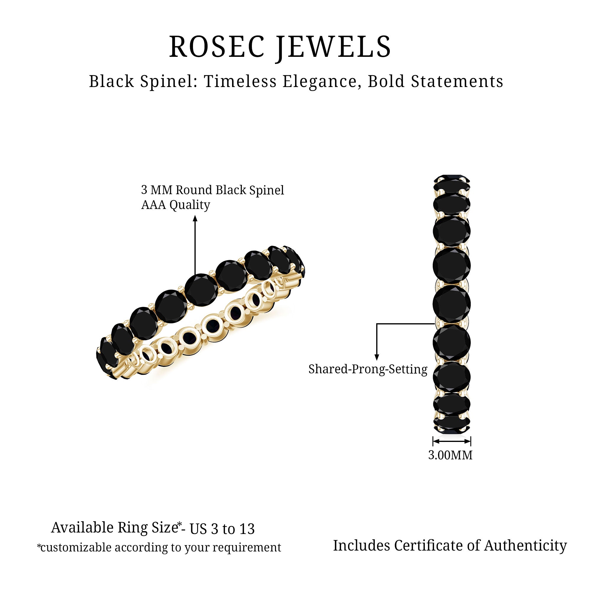 Certified Round Black Spinel Eternity Wedding Band AAA - Rosec Jewels