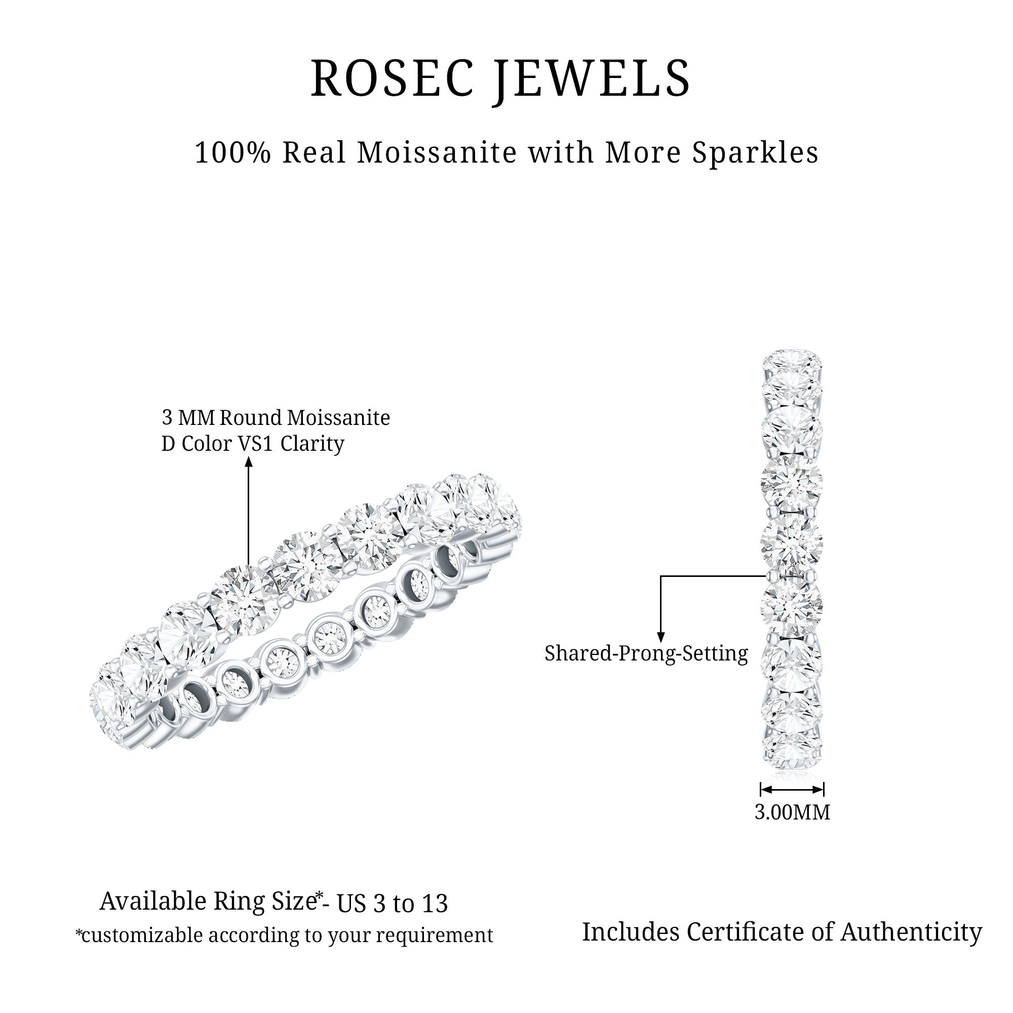 Round Cut Moissanite Simple Eternity Band Ring in Prong Setting D-VS1 - Rosec Jewels