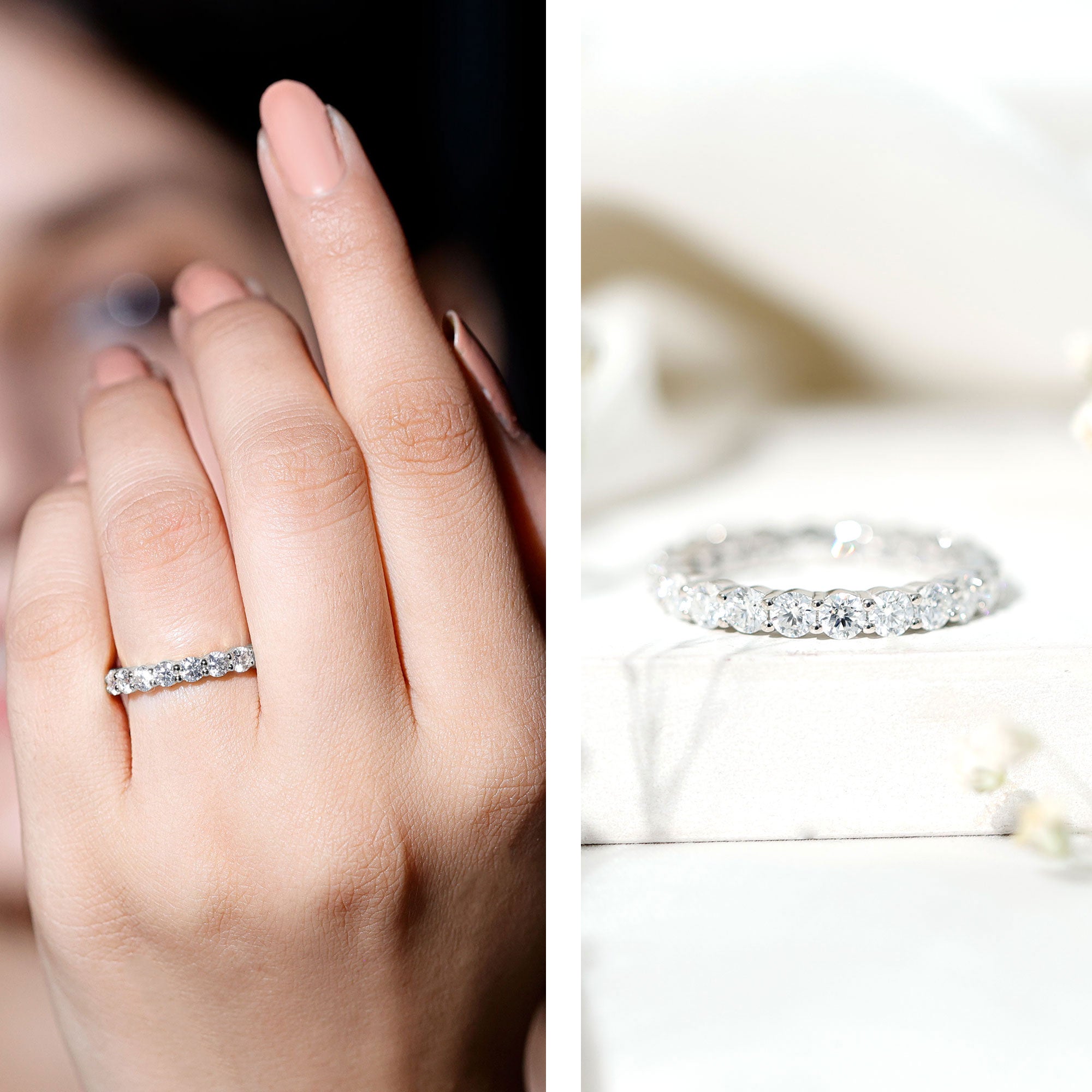 Round Cut Moissanite Simple Eternity Band Ring in Prong Setting D-VS1 - Rosec Jewels