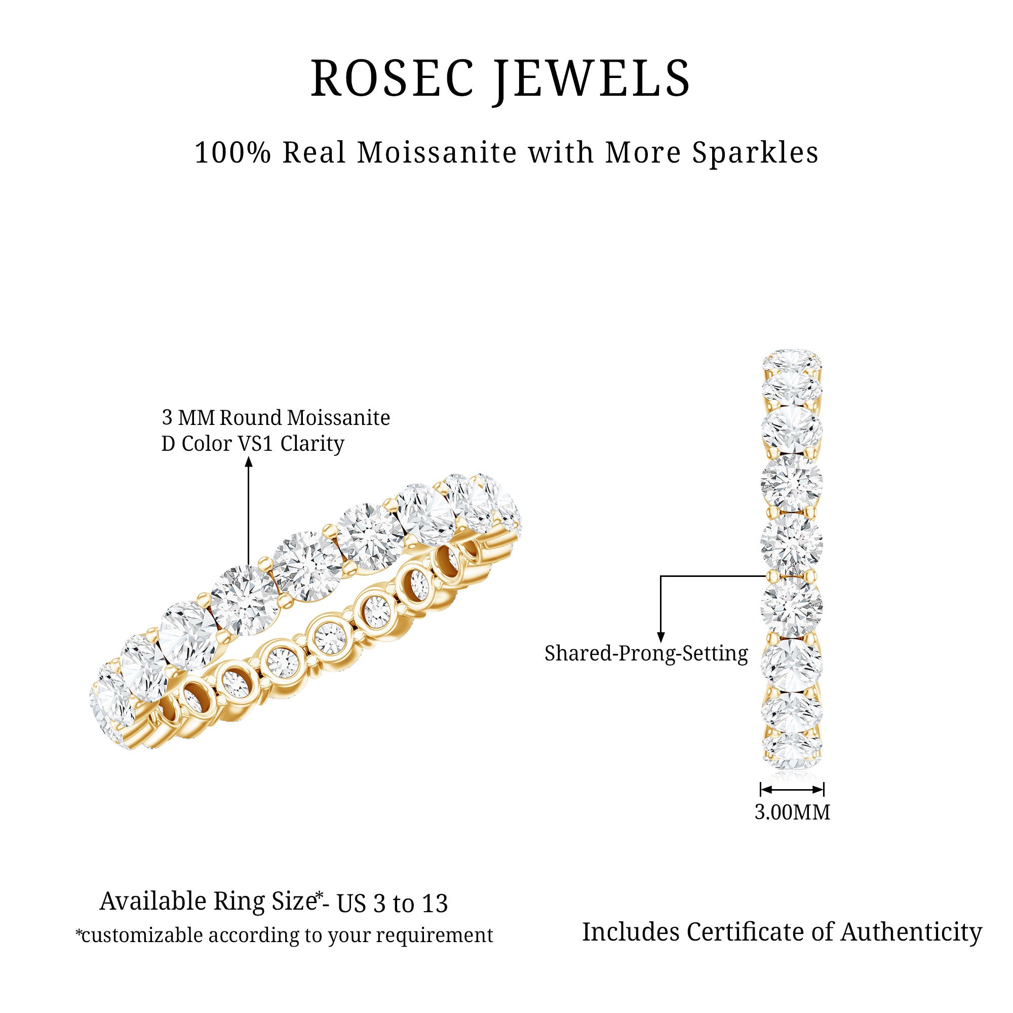 Round Cut Moissanite Simple Eternity Band Ring in Prong Setting D-VS1 - Rosec Jewels